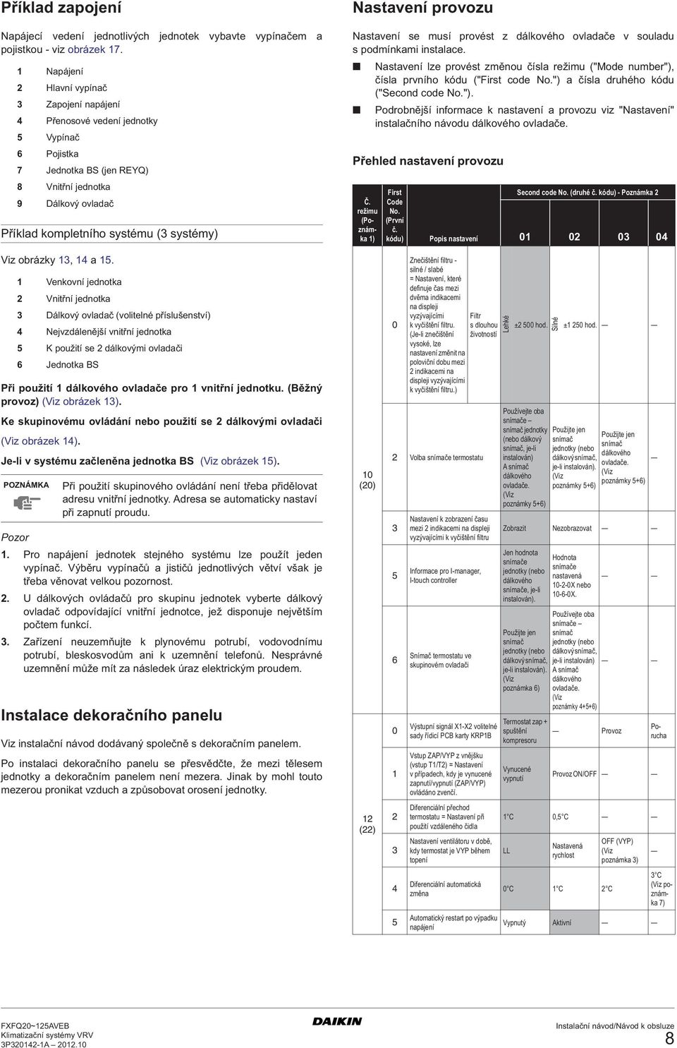 provozu Nastavení se musí provést z dálkového ovladače v souladu s podmínkami instalace. Nastavení lze provést změnou čísla režimu ("Mode number"), čísla prvního kódu ("First code No.