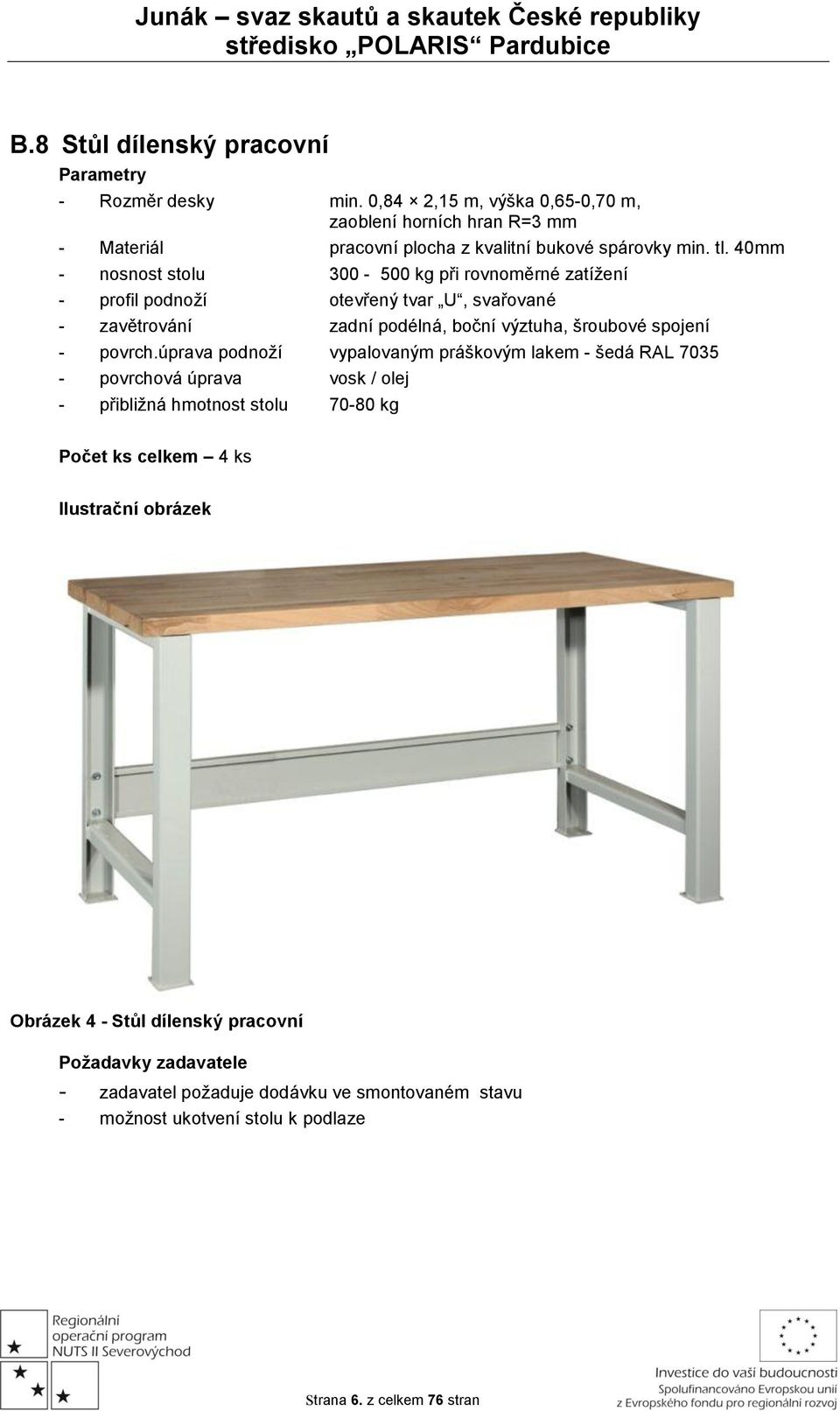 40mm - nosnost stolu 300-500 kg při rovnoměrné zatížení - profil podnoží otevřený tvar U, svařované - zavětrování zadní podélná, boční výztuha, šroubové spojení -