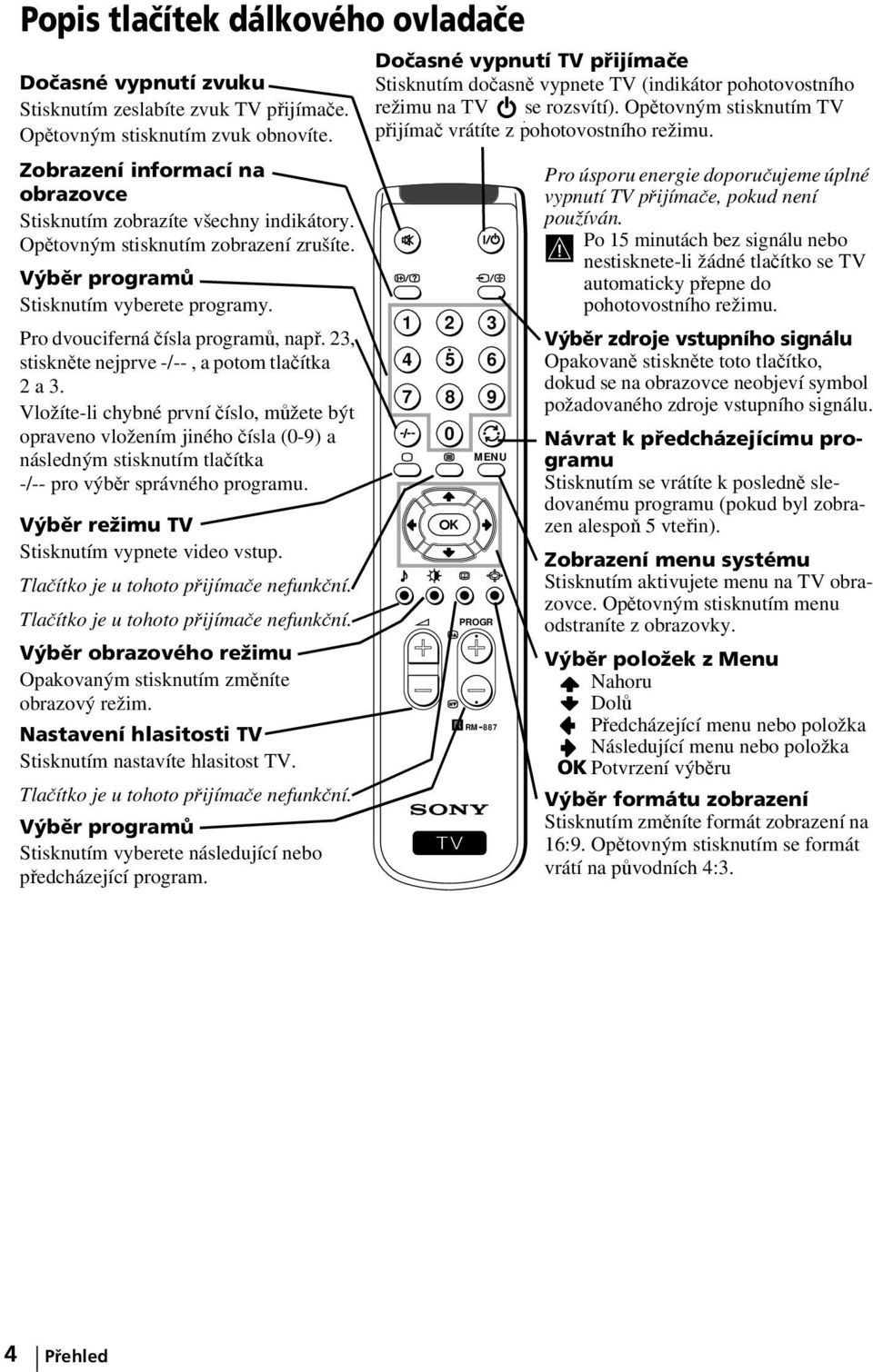 23, stiskněte nejprve -/--, a potom tlačítka 2 a 3. Vložíte-li chybné první číslo, můžete být opraveno vložením jiného čísla (0-9) a následným stisknutím tlačítka -/-- pro výběr správného programu.