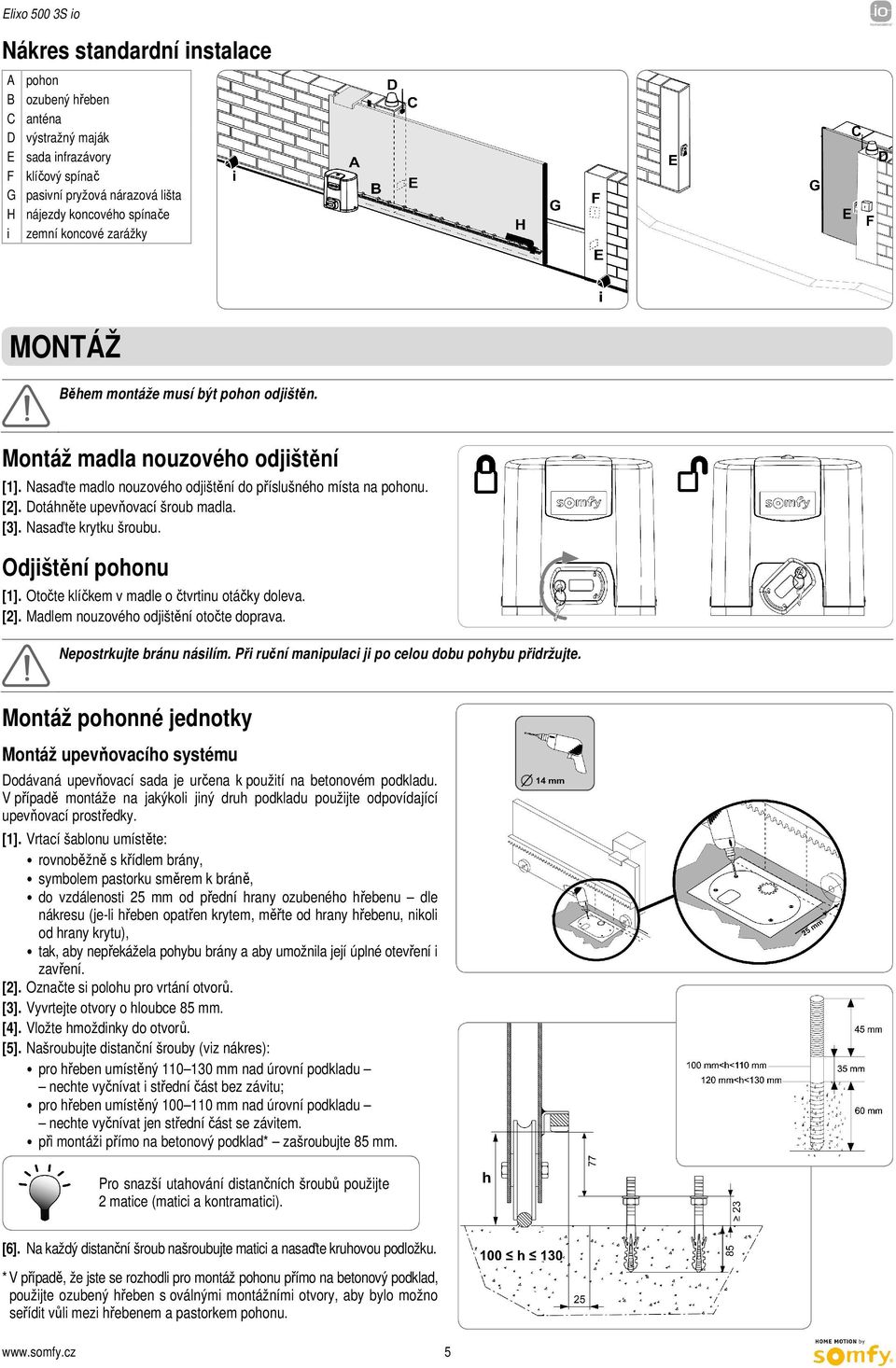 [3]. Nasaďte krytku šroubu. Odjištění pohonu [1]. Otočte klíčkem v madle o čtvrtinu otáčky doleva. [2]. Madlem nouzového odjištění otočte doprava. Nepostrkujte bránu násilím.