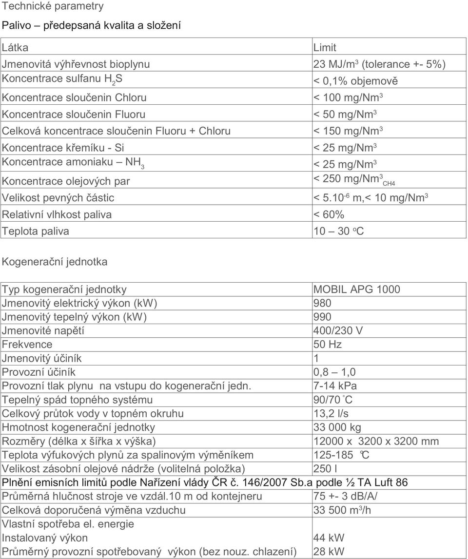 60% Teplota paliva Kogenera ní jednotka 23 MJ/m 3 (tolerance +- 5%) < 100 mg/nm 3 < 50 mg/nm 3 < 150 mg/nm 3 < 250 mg/nm 3 CH4 < 5.