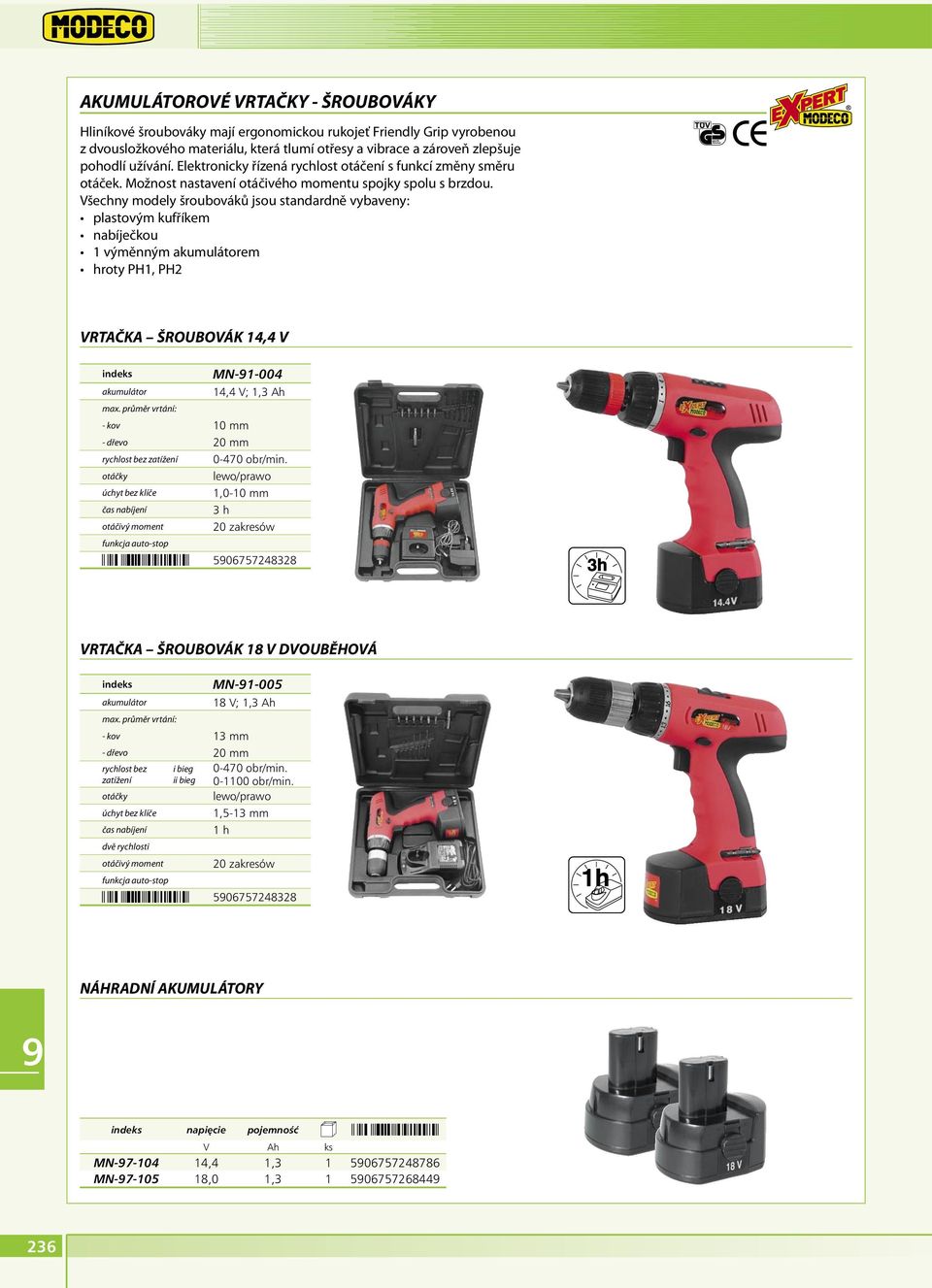 Všechny modely šroubováků jsou standardně vybaveny: nabíječkou 1 výměnným akumulátorem hroty PH1, PH2 VRTAČKA ŠROUBOVÁK 14,4 V MN-1-004 akumulátor 14,4 V; 1,3 Ah - kov 10 mm - dřevo 20 mm 0-470