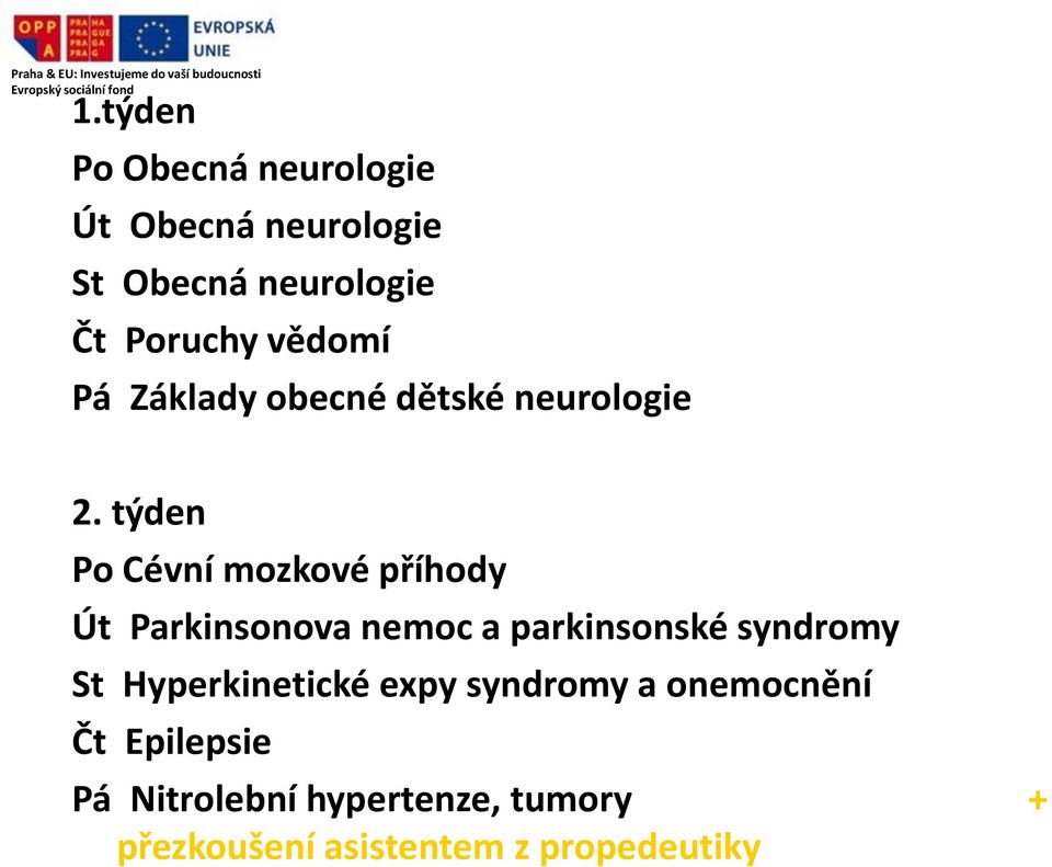 týden Po Cévní mozkové příhody Út Parkinsonova nemoc a parkinsonské syndromy St