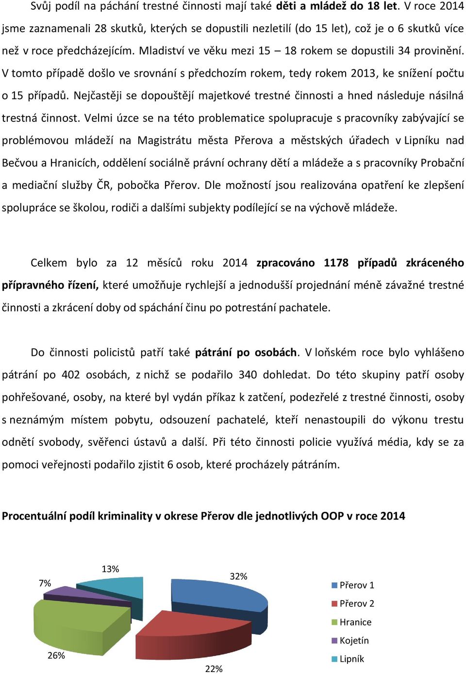 V tomto případě došlo ve srovnání s předchozím rokem, tedy rokem 2013, ke snížení počtu o 15 případů. Nejčastěji se dopouštějí majetkové trestné činnosti a hned následuje násilná trestná činnost.