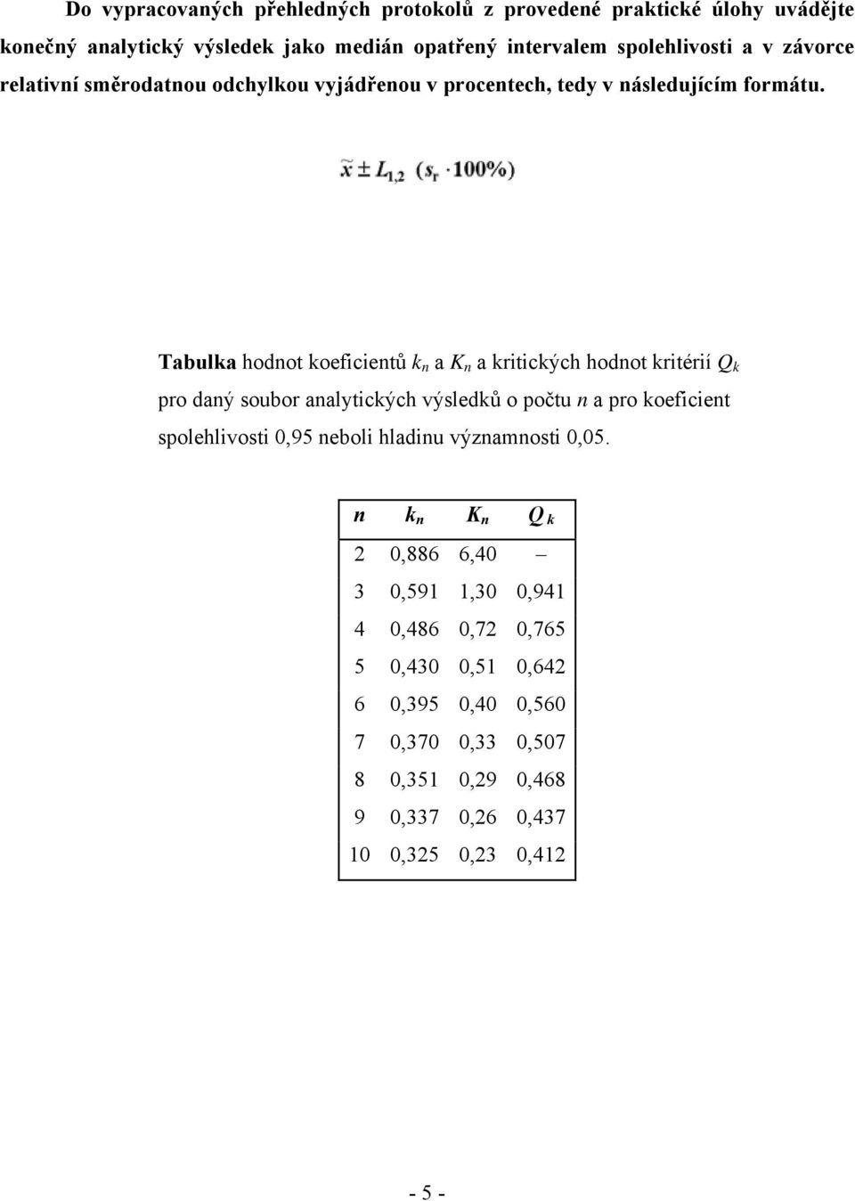 Tabulka hodnot koeficientů k n a K n a kritických hodnot kritérií Q k pro daný soubor analytických výsledků o počtu n a pro koeficient spolehlivosti 0,95