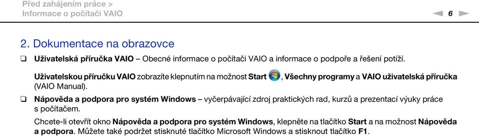 Uživatelskou příručku VAIO zobrazíte klepnutím na možnost Start (VAIO Manual).