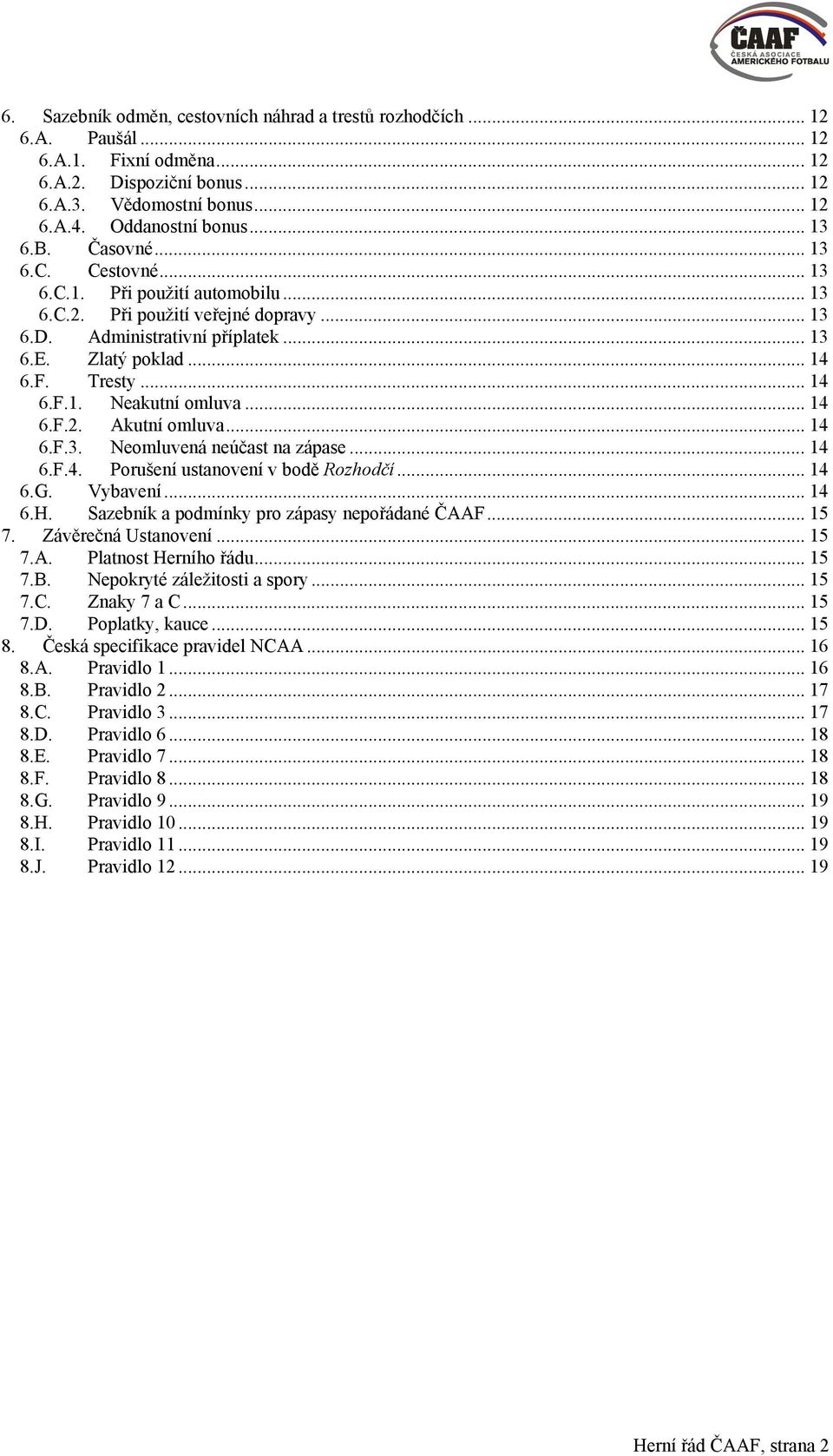 .. 14 6.F.2. Akutní omluva... 14 6.F.3. Neomluvená neúčast na zápase... 14 6.F.4. Porušení ustanovení v bodě Rozhodčí... 14 6.G. Vybavení... 14 6.H. Sazebník a podmínky pro zápasy nepořádané ČAAF.