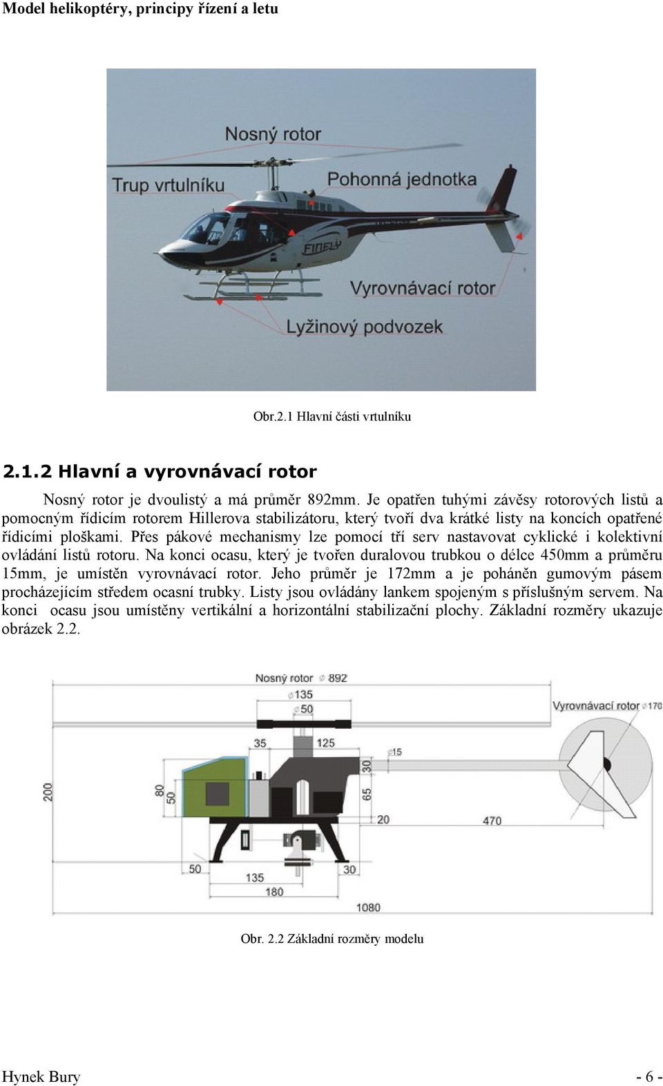 Přes pákové mechanismy lze pomocí tří serv nastavovat cyklické i kolektivní ovládání listů rotoru.