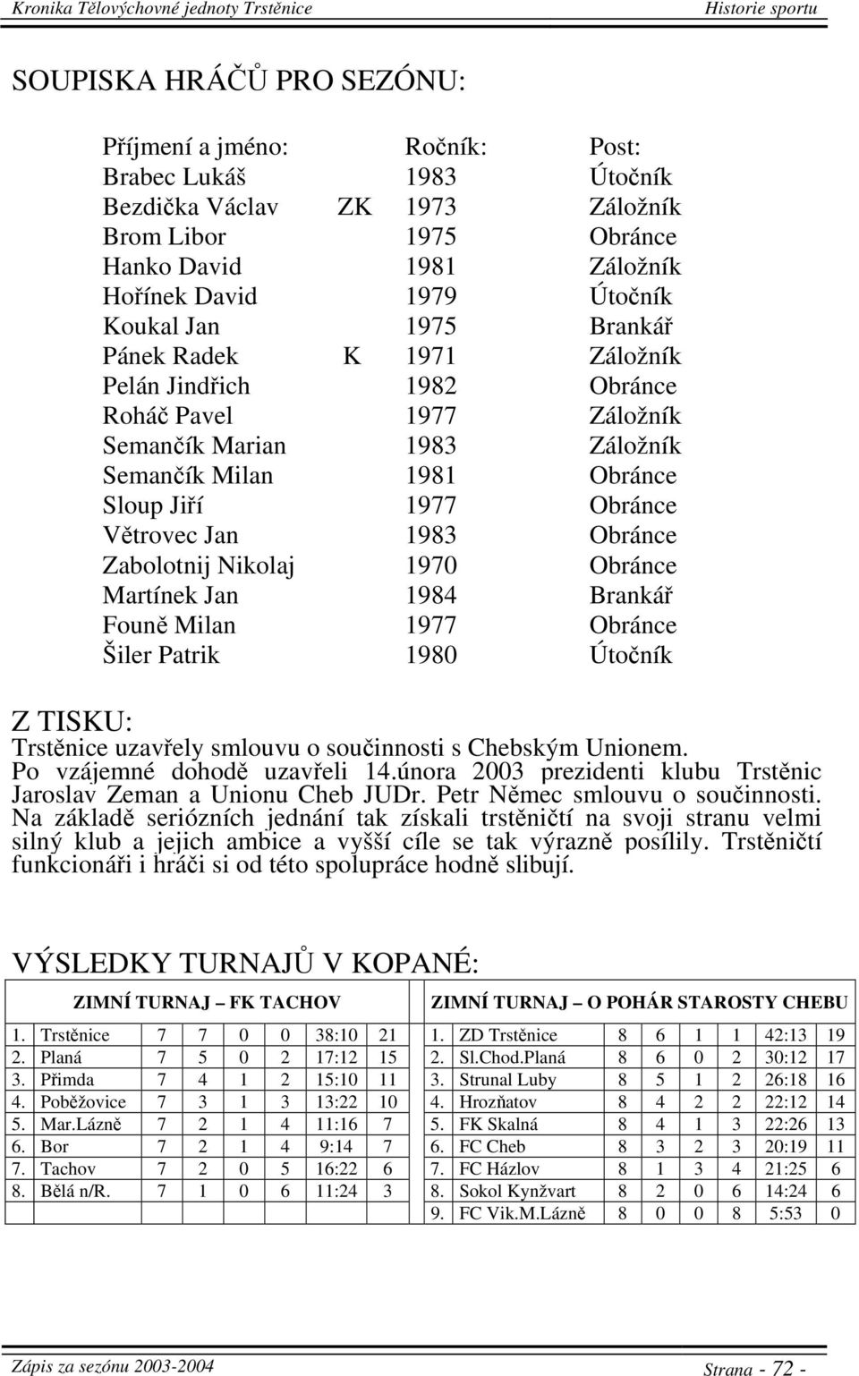 Jan 1983 Obránce Zabolotnij Nikolaj 1970 Obránce Martínek Jan 1984 Brankář Founě Milan 1977 Obránce Šiler Patrik 1980 Útočník Z TISKU: Trstěnice uzavřely smlouvu o součinnosti s Chebským Unionem.