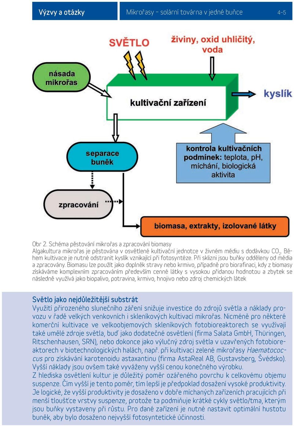 Během kultivace je nutné odstranit kyslík vznikající při fotosyntéze. Při sklizni jsou buňky odděleny od média a zpracovány.