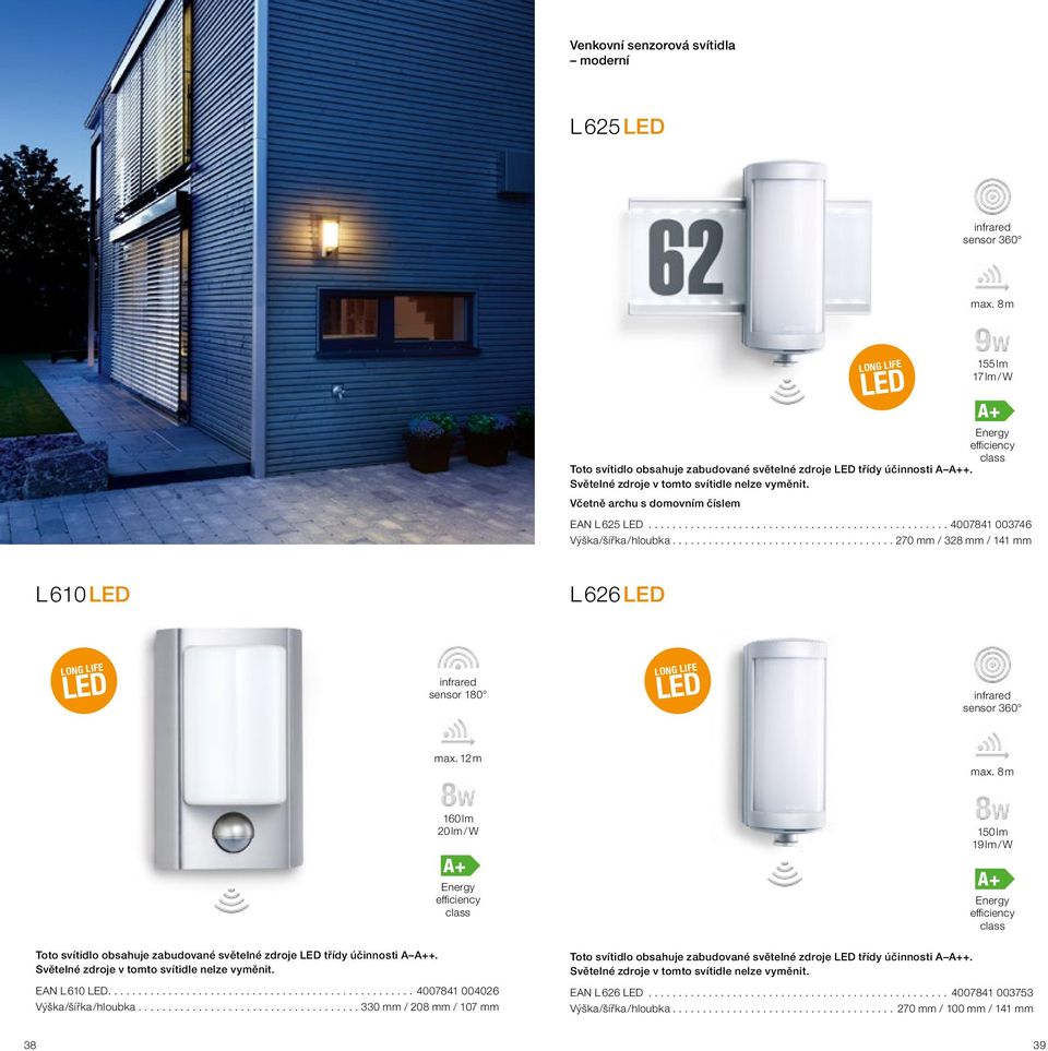 12 m max. 8 m 160 lm 20 lm / W A+ Energy efficiency class 150 lm 19 lm / W A+ Energy efficiency class Toto svítidlo obsahuje zabudované světelné zdroje třídy účinnosti A A++.