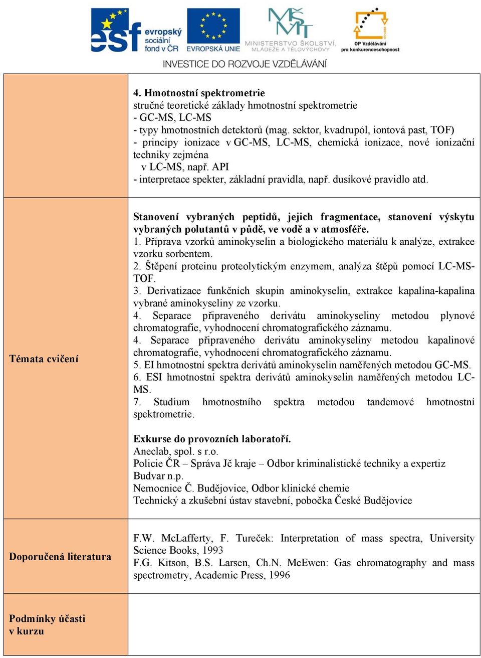 dusíkové pravidlo atd. Stanovení vybraných peptidů, jejich fragmentace, stanovení výskytu vybraných polutantů v půdě, ve vodě a v atmosféře. 1.