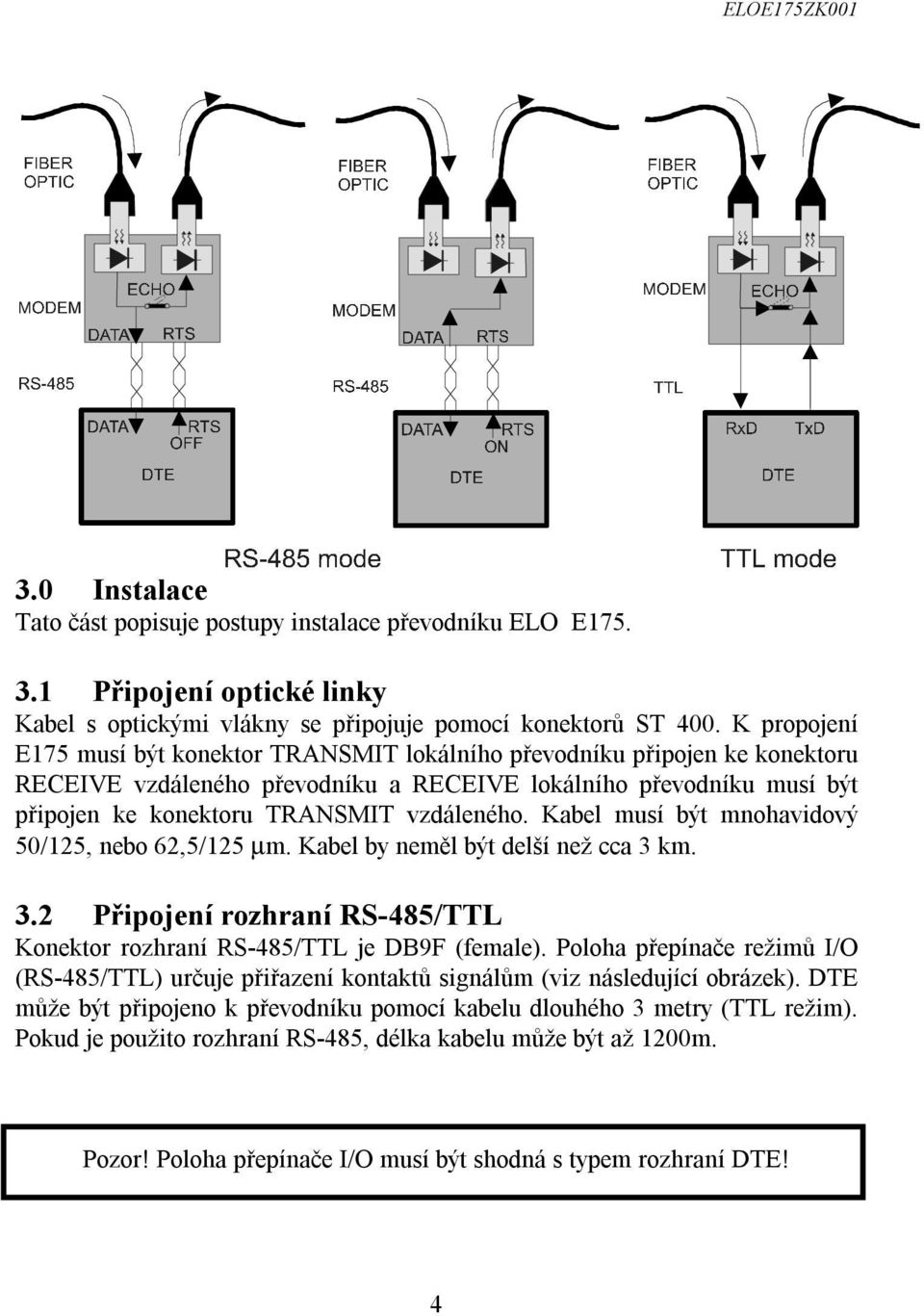 Kabel musí být mnohavidový 50/125, nebo 62,5/125 µm. Kabel by neměl být delší než cca 3 km. 3.2 Připojení rozhraní RS-485/TTL Konektor rozhraní RS-485/TTL je DB9F (female).