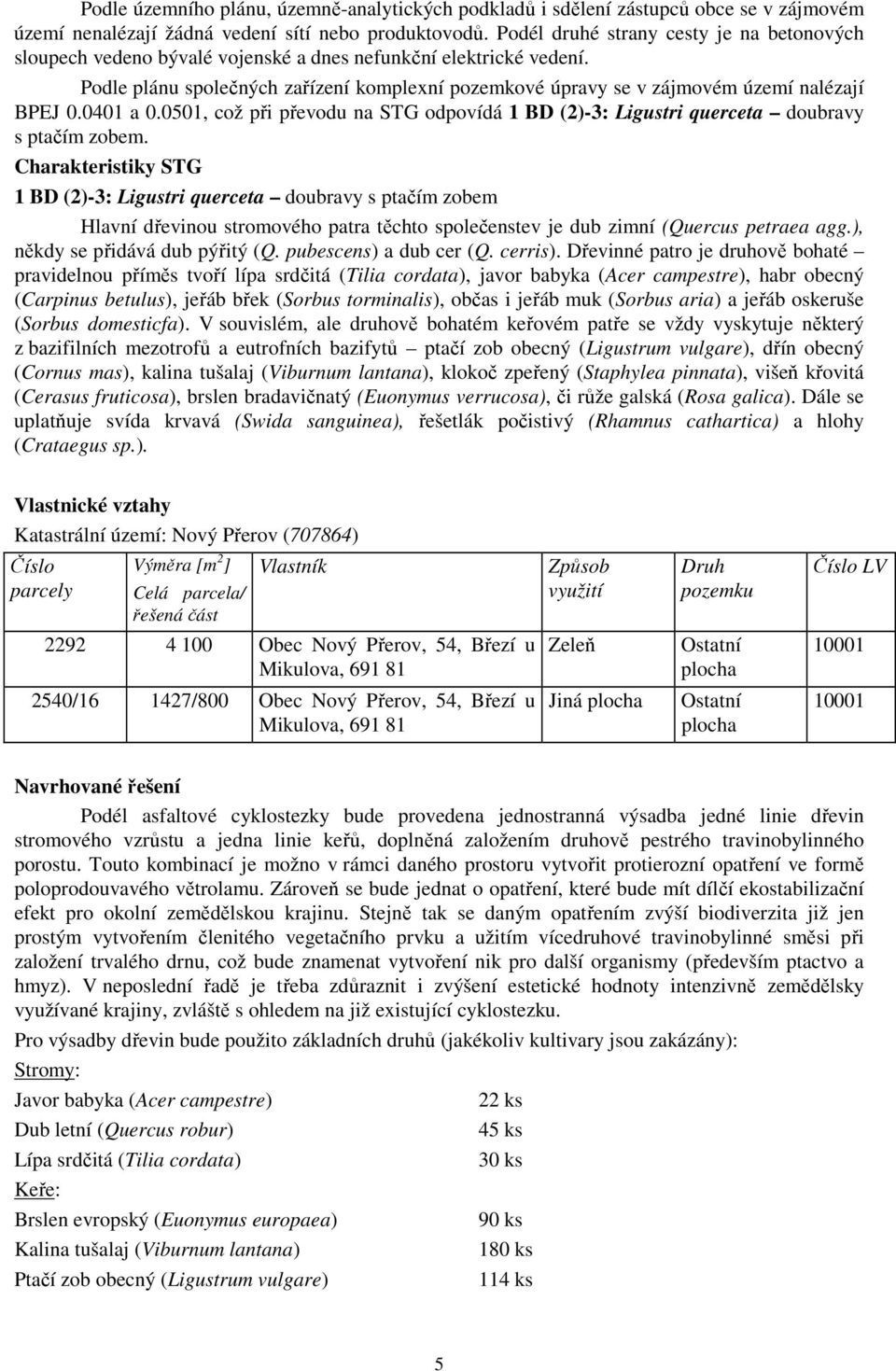 Podle plánu společných zařízení komplexní pozemkové úpravy se v zájmovém území nalézají BPEJ 0.0401 a 0.0501, což při převodu na STG odpovídá 1 BD (2)-3: Ligustri querceta doubravy s ptačím zobem.