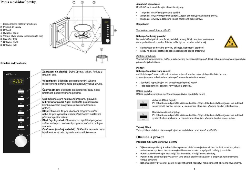 1) Bezpečnostní zablokování dvířek 2) Průhled do trouby 3) Unášeč 4) Ovládací panel 5) Větrací otvor trouby (neodstraňujte fólii) 6) Skleněný talíř 7) Grilovací prvek 8) Grilovací rošt Ovládací prvky