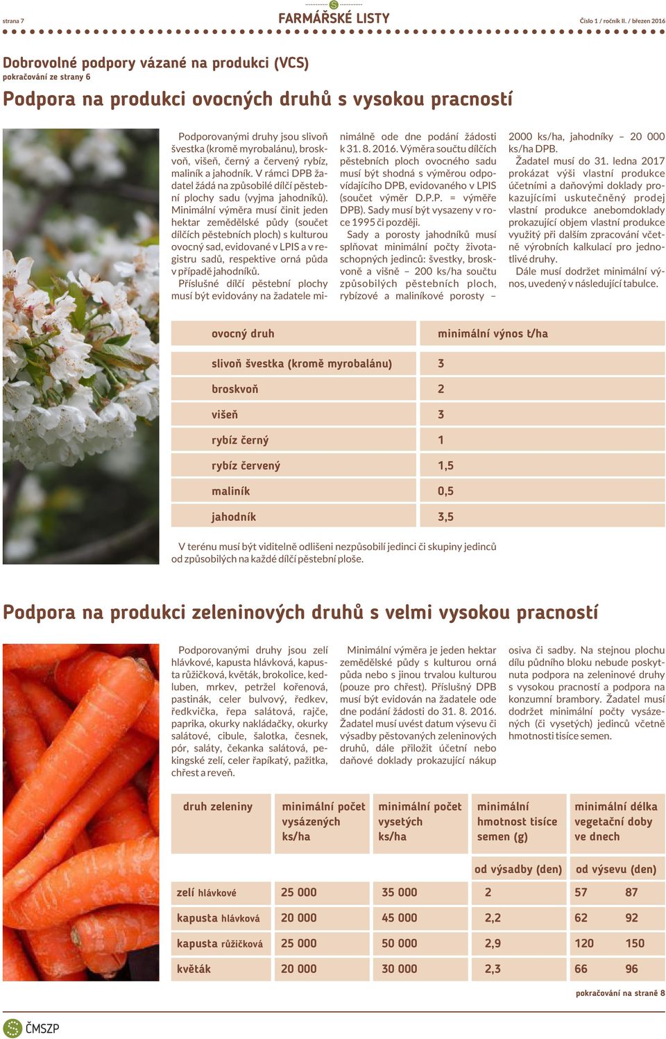 Sady a porosty jahodníků musí splňovat minimální počty životaschopných jedinců: švestky, broskvoně a višně 200 ks/ha součtu způsobilých pěstebních ploch, rybízové a maliníkové porosty 2000 ks/ha,