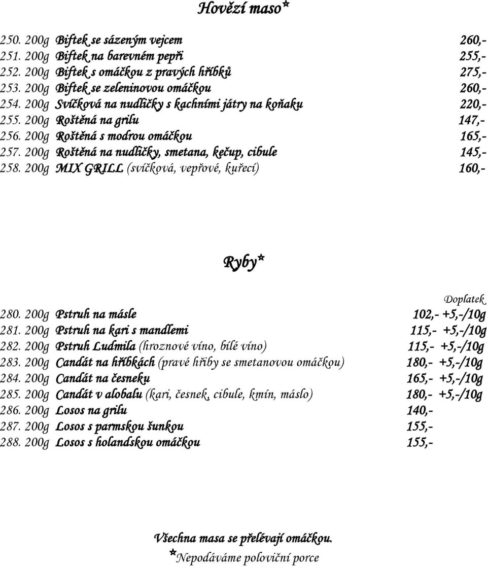 200g MIX GRILL (svíčková, vepřové, kuřecí) 160,- Ryby* Doplatek 280. 200g Pstruh na másle 102,- +5,-/10g 281. 200g Pstruh na kari s mandlemi 115,- +5,-/10g 282.