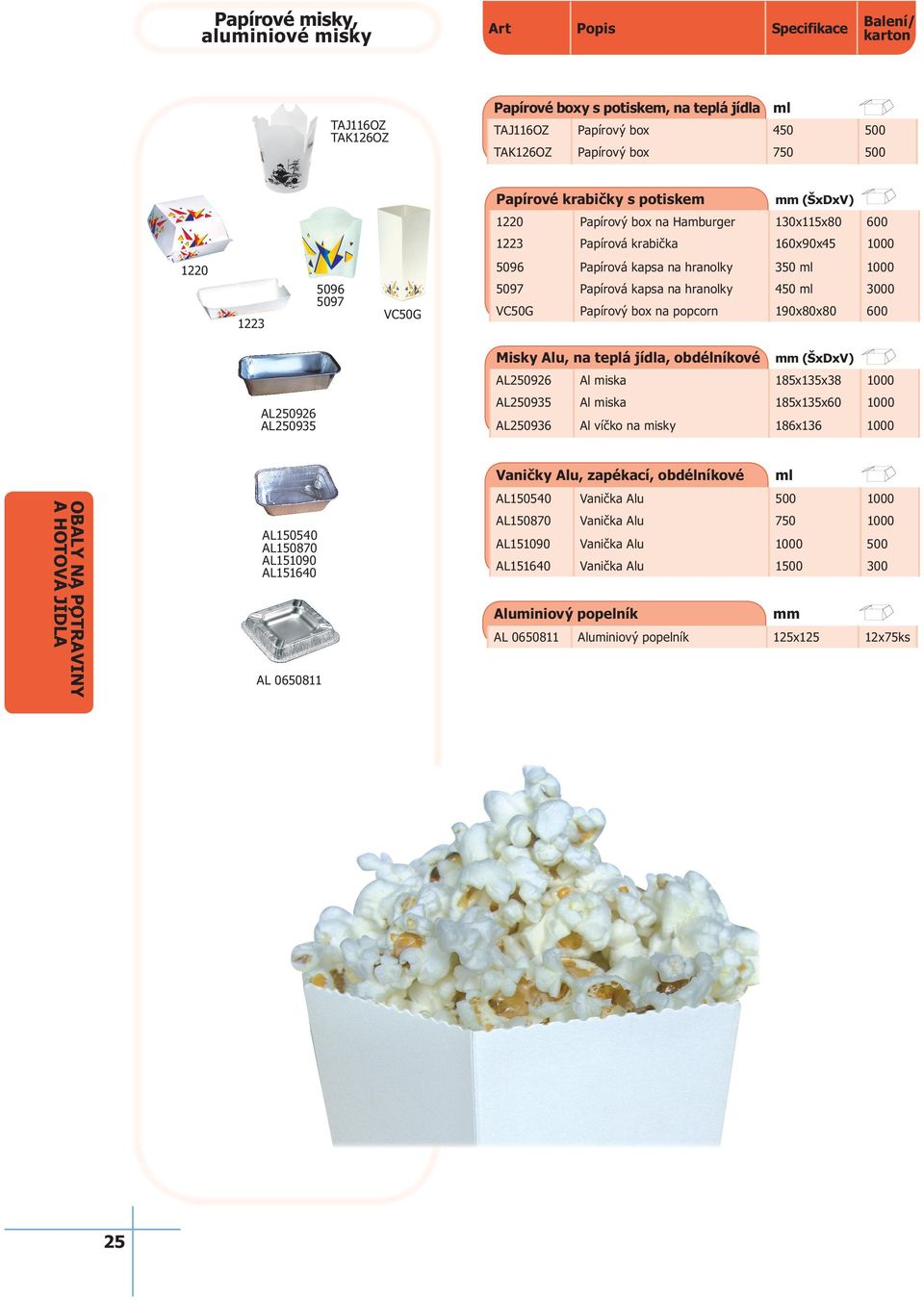 hranolky 450 3000 VC50G Papírový box na popcorn 190x80x80 600 AL926 AL935 Misky Alu, na teplá jídla, obdélníkové mm (ŠxDxV) AL926 Al miska 185x135x38 1000 AL935 Al miska 185x135x60 1000 AL936 Al