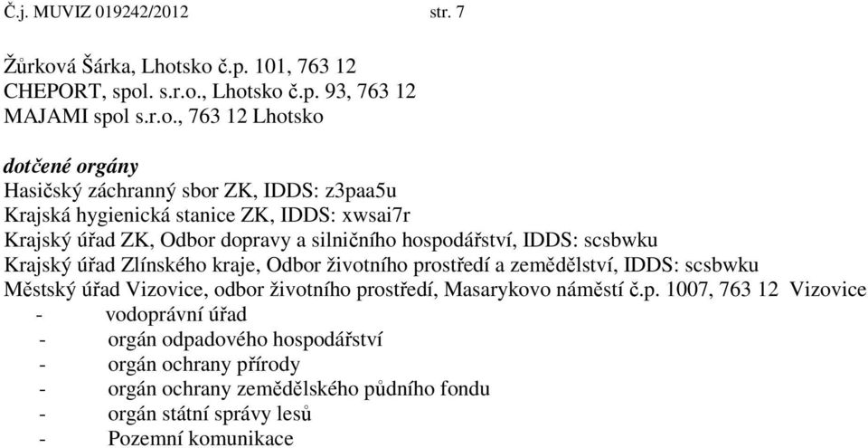 sko č.p. 101, 763 12 CHEPORT, spol. s.r.o., Lhotsko č.p. 93, 763 12 MAJAMI spol s.r.o., 763 12 Lhotsko dotčené orgány Hasičský záchranný sbor ZK, IDDS: z3paa5u Krajská