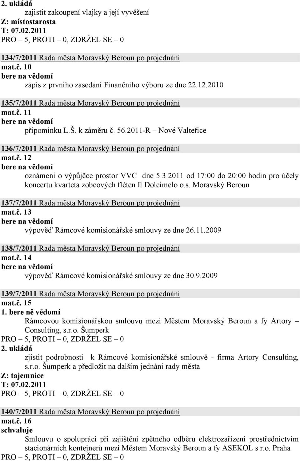 3.2011 od 17:00 do 20:00 hodin pro účely koncertu kvarteta zobcových fléten Il Dolcimelo o.s. Moravský Beroun 137/7/2011 Rada města Moravský Beroun po projednání mat.č. 13 výpověď Rámcové komisionářské smlouvy ze dne 26.