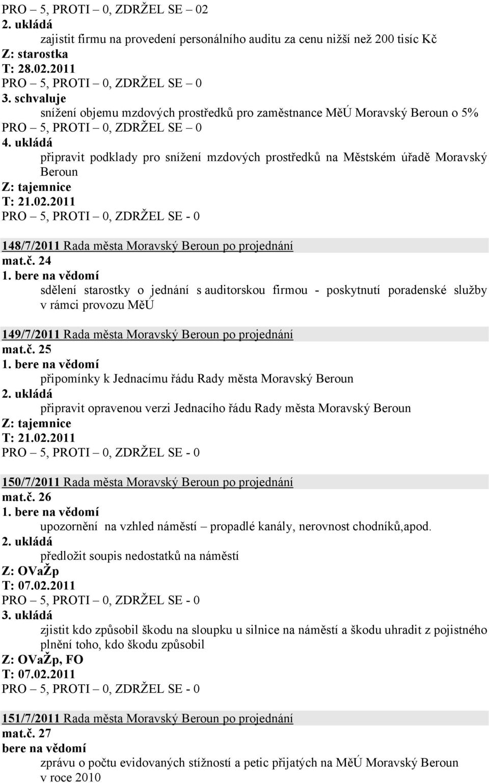 sdělení starostky o jednání s auditorskou firmou - poskytnutí poradenské služby v rámci provozu MěÚ 149/7/2011 Rada města Moravský Beroun po projednání mat.č. 25 1.