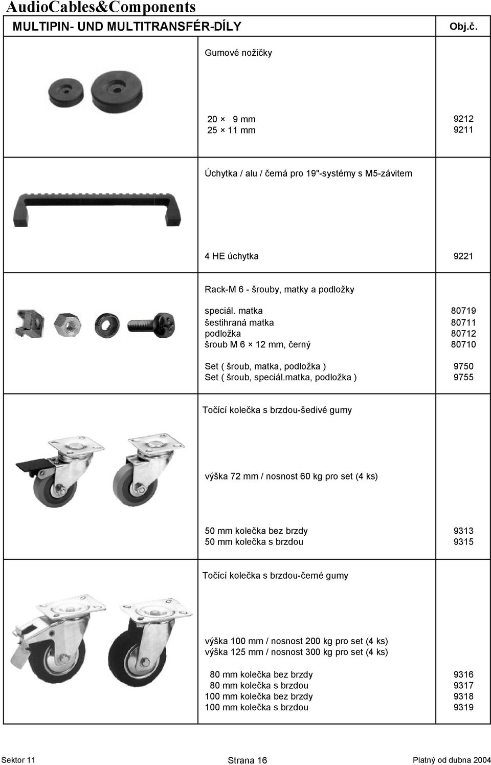 matka, podložka ) 9755 To-ící kole-ka s brzdou-šedivé gumy výška 72 mm / nosnost 60 kg pro set (4 ks) 50 mm kole-ka bez brzdy 9313 50 mm kole-ka s brzdou 9315 To-ící kole-ka s brzdou--erné gumy