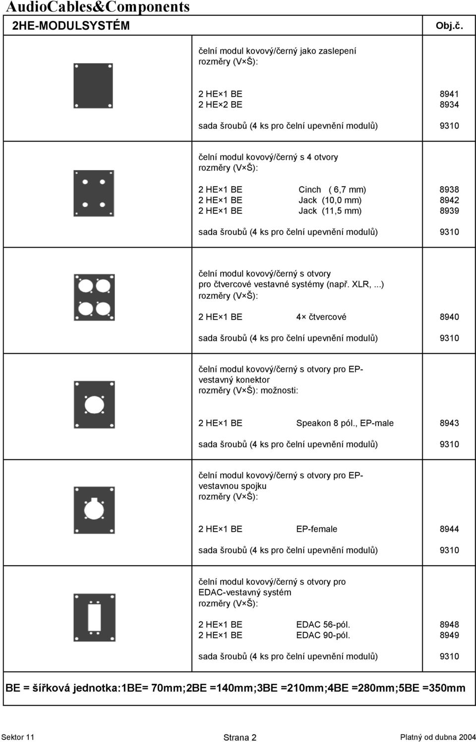 ..) 2 HE 1 BE 4 -tvercové 8940 -elní modul kovový/-erný s otvory pro EPvestavný konektor možnosti: 2 HE 1 BE Speakon 8 pól.