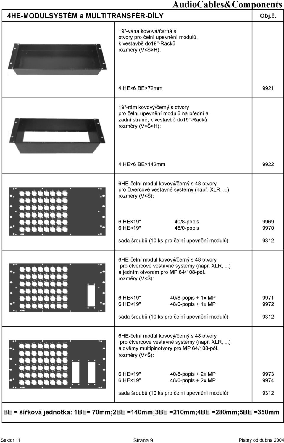 ry (V Š H): 4 HE 6 BE 142mm 9922 6HE--elní modul kovový/-erný s 48 otvory pro -tvercové vestavné systémy (nap>. XLR,.