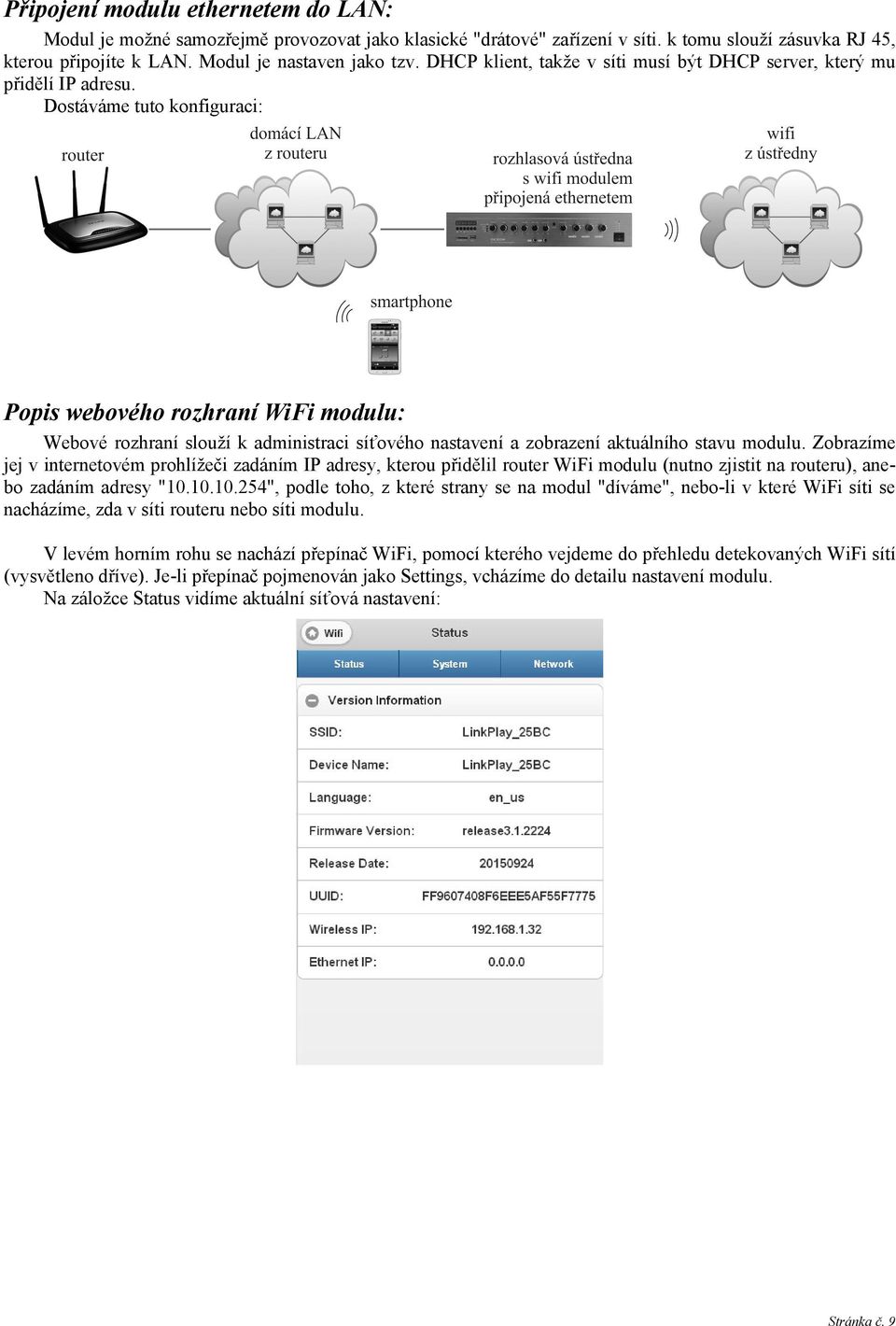 Dostáváme tuto konfiguraci: Popis webového rozhraní WiFi modulu: Webové rozhraní slouží k administraci síťového nastavení a zobrazení aktuálního stavu modulu.