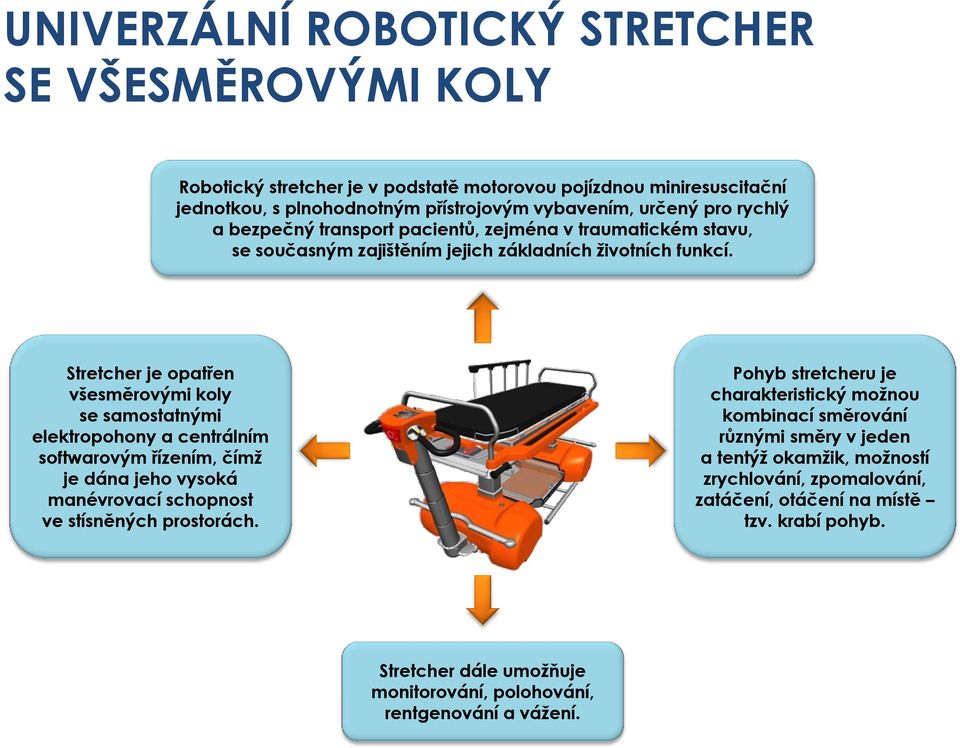 Stretcher je opatřen všesměrovými koly se samostatnými elektropohony a centrálním softwarovým řízením, čímž je dána jeho vysoká manévrovací schopnost ve stísněných prostorách.