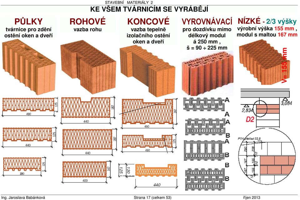 VYROVNÁVACÍ pro dozdívku mimo délkový modul á 250 mm, š = 90 225 mm NÍZKÉ - 2/3 výšky