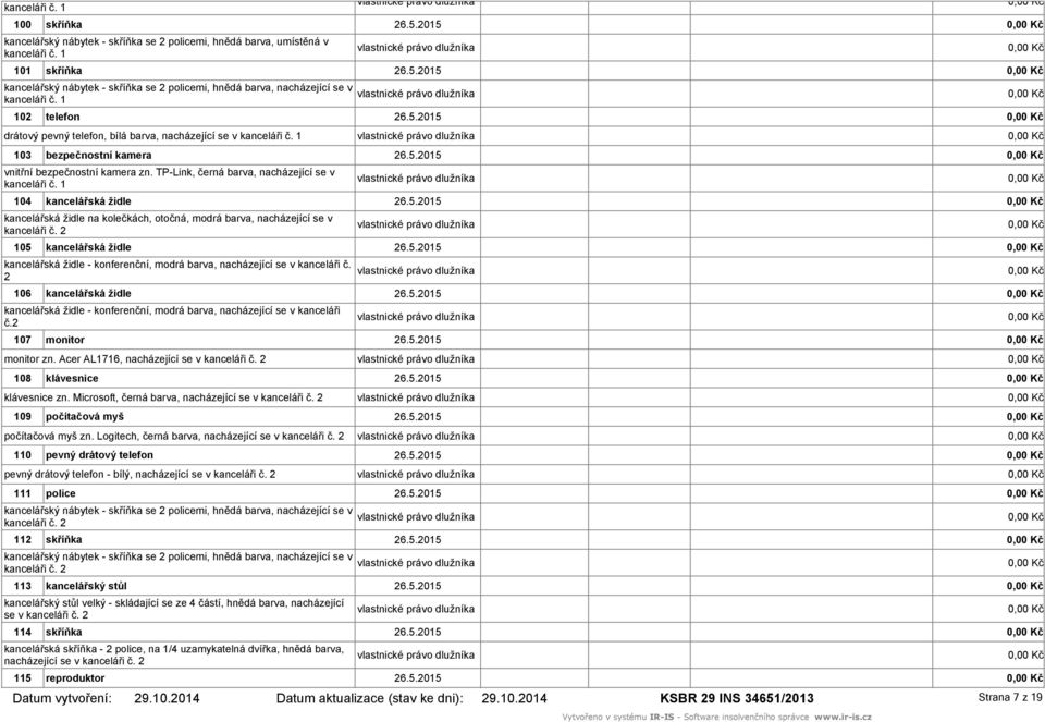 1 104 na kolečkách, otočná, modrá barva, nacházející se v kanceláři č. 2 105 - konferenční, modrá barva, nacházející se v kanceláři č. 2 106 - konferenční, modrá barva, nacházející se v kanceláři č.