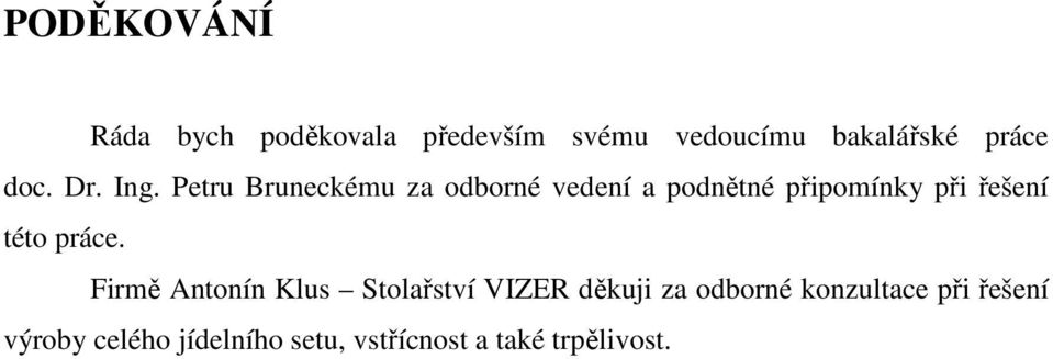 Petru Bruneckému za odborné vedení a podnětné připomínky při řešení této