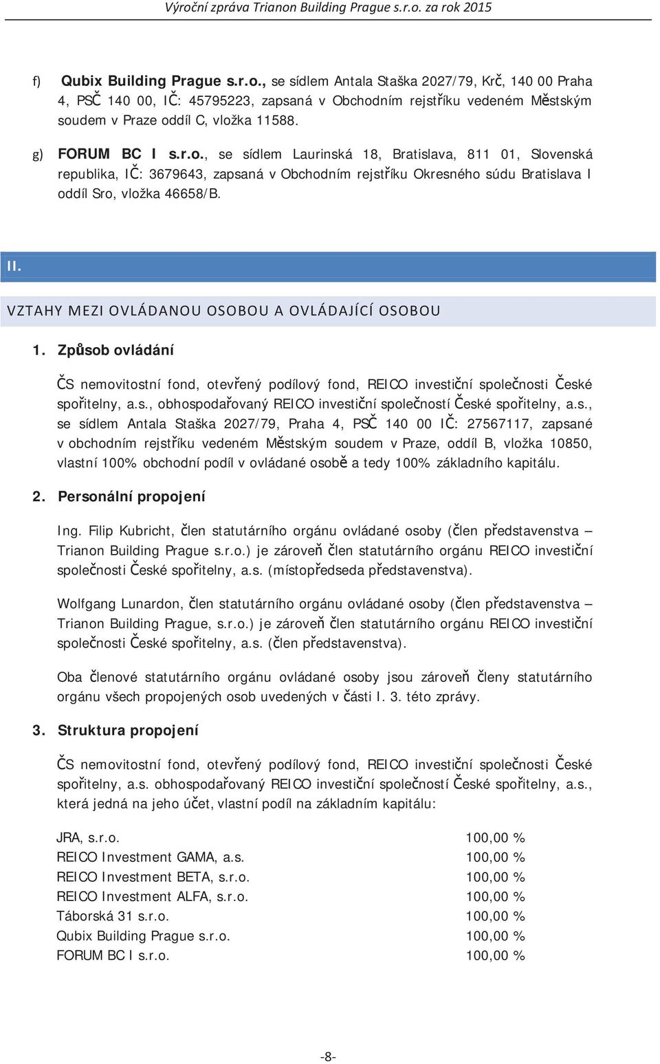 VZTAHYMEZIOVLÁDANOUOSOBOUAOVLÁDAJÍCÍOSOBOU 1. Zpsob ovládání S nemovitostní fond, otevený podílový fond, REICO investiní spolenosti eské spoitelny, a.s., obhospodaovaný REICO investiní spoleností eské spoitelny, a.