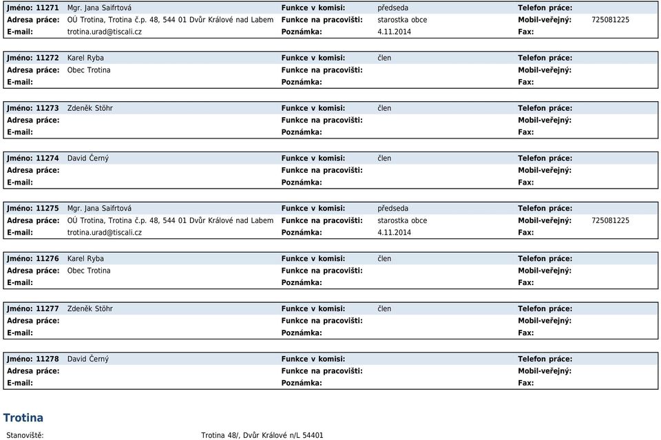 2014 Fax: Jméno: 11272 Karel Ryba Funkce v komisi: člen Telefon práce: Adresa práce: Obec Trotina Funkce na pracovišti: Fax: Jméno: 11273 Zdeněk Stöhr Funkce v komisi: člen Telefon práce: Fax: Jméno: