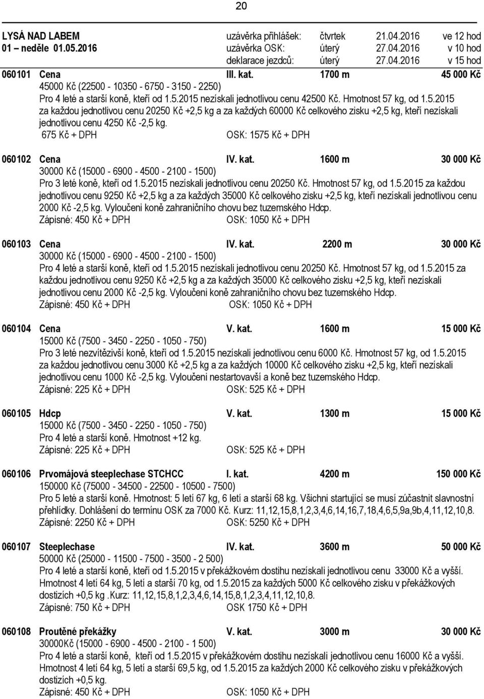 675 Kč + DPH OSK: 1575 Kč + DPH 060102 Cena IV. kat. 1600 m 30 000 Kč 30000 Kč (15000-6900 - 4500-2100 - 1500) Pro 3 leté koně, kteří od 1.5.2015 nezískali jednotlivou cenu 20250 Kč.