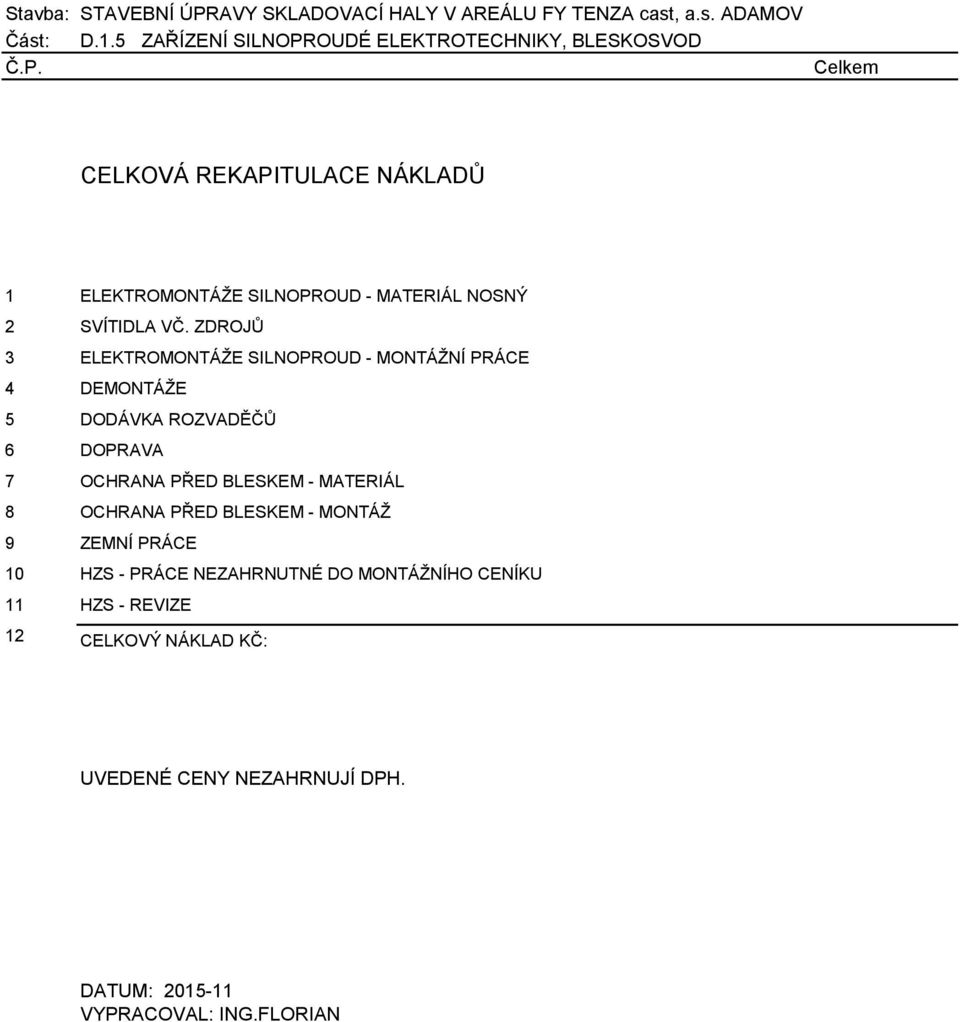 BLESKEM - MATERIÁL 8 OCHRANA PŘED BLESKEM - MONTÁŽ 9 ZEMNÍ PRÁCE 10 HZS - PRÁCE NEZAHRNUTNÉ DO MONTÁŽNÍHO