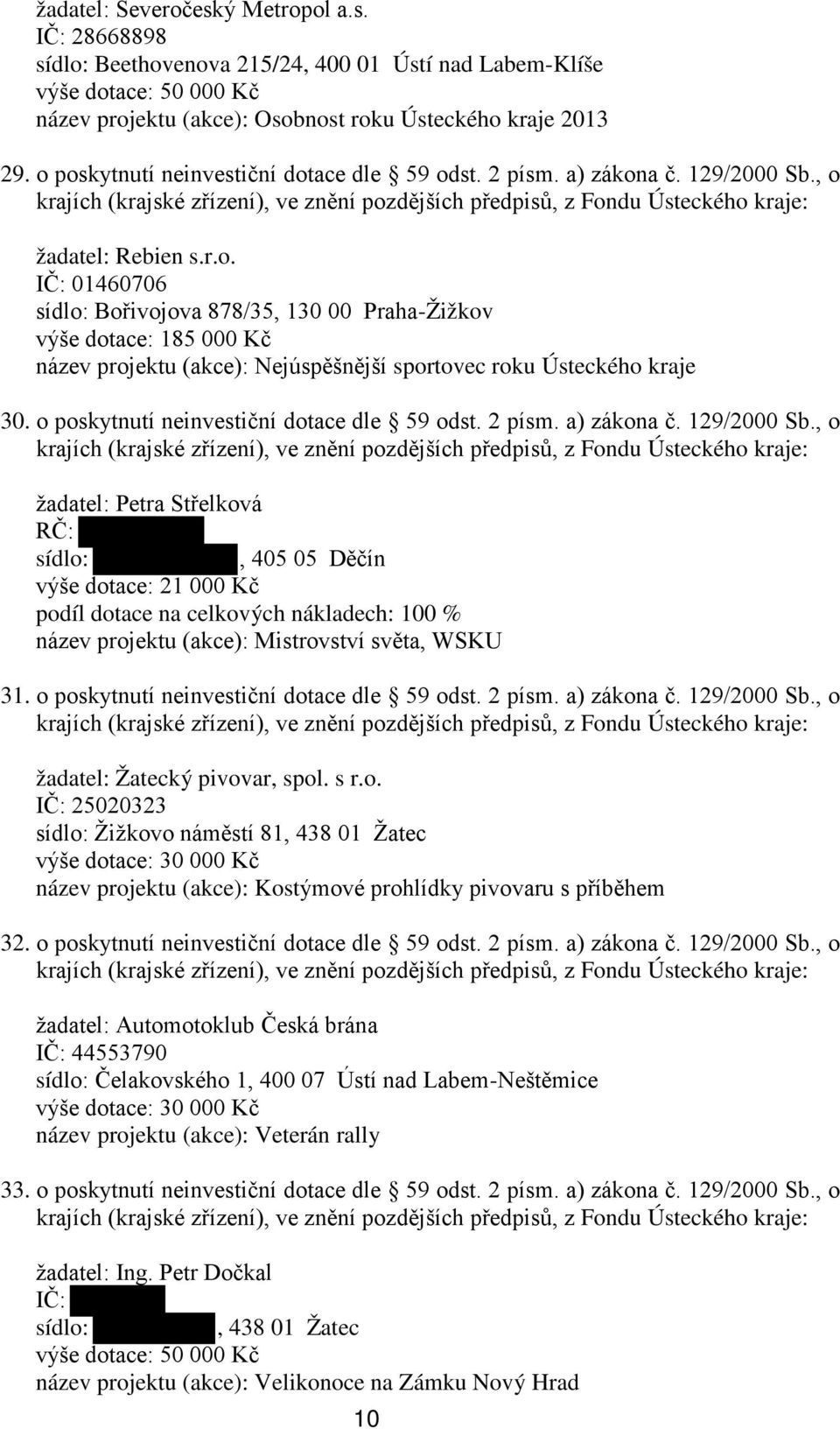 o poskytnutí neinvestiční dotace dle 59 odst. 2 písm. a) zákona č. 129/2000 Sb.