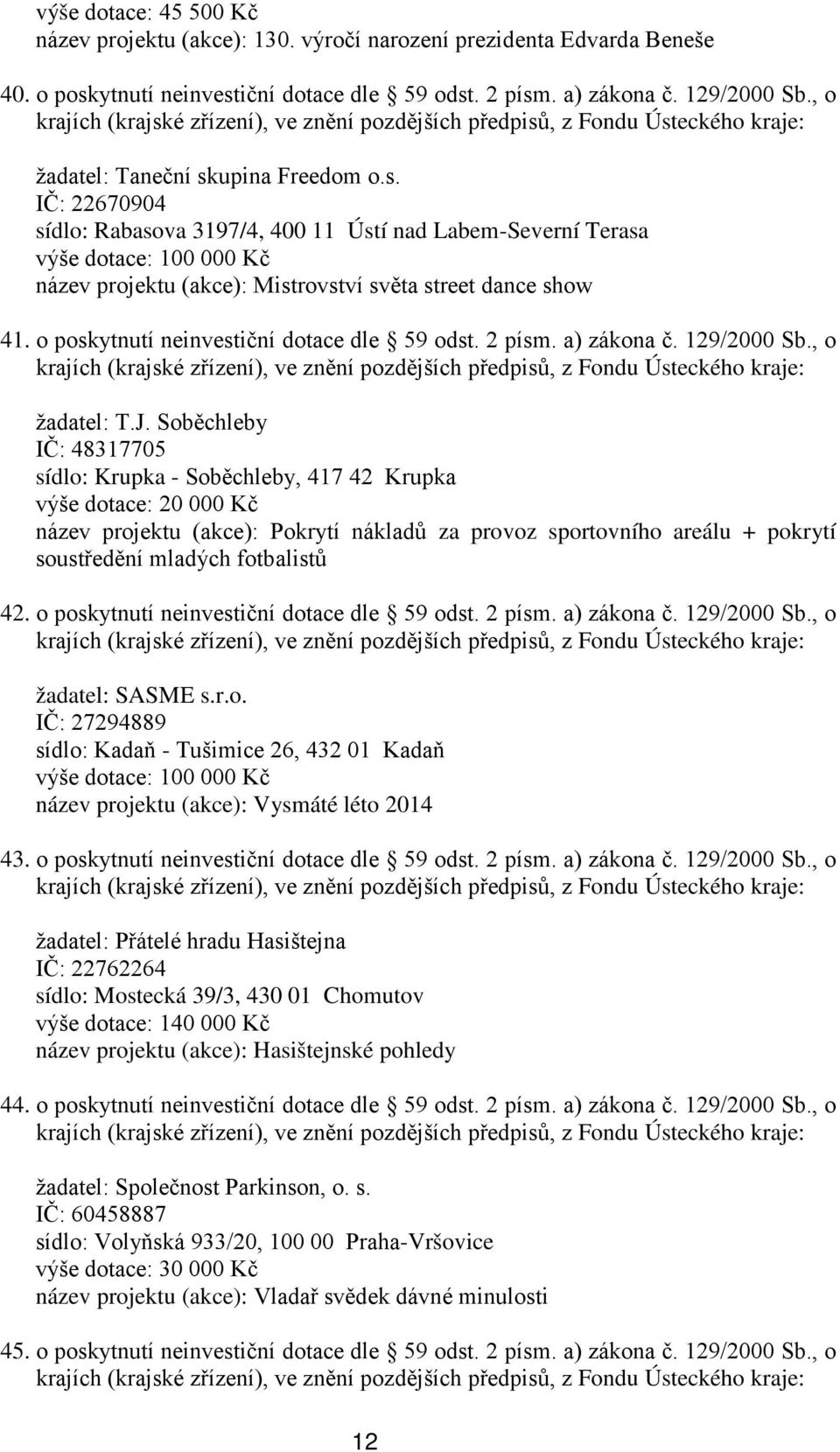 o poskytnutí neinvestiční dotace dle 59 odst. 2 písm. a) zákona č. 129/2000 Sb., o krajích (krajské zřízení), ve znění pozdějších předpisů, z Fondu Ústeckého kraje: žadatel: T.J.