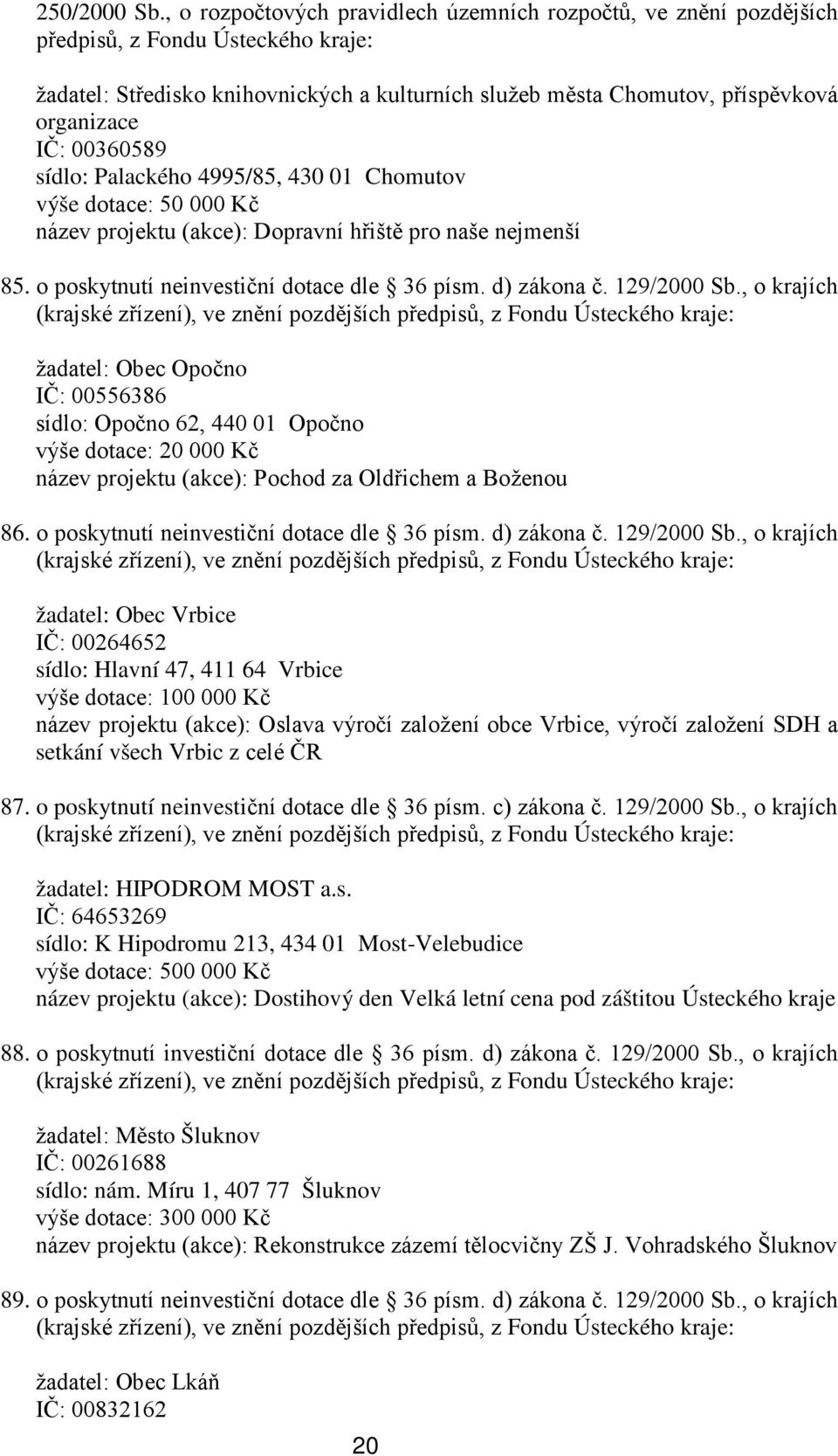 00360589 sídlo: Palackého 4995/85, 430 01 Chomutov výše dotace: 50 000 Kč název projektu (akce): Dopravní hřiště pro naše nejmenší 85. o poskytnutí neinvestiční dotace dle 36 písm. d) zákona č.