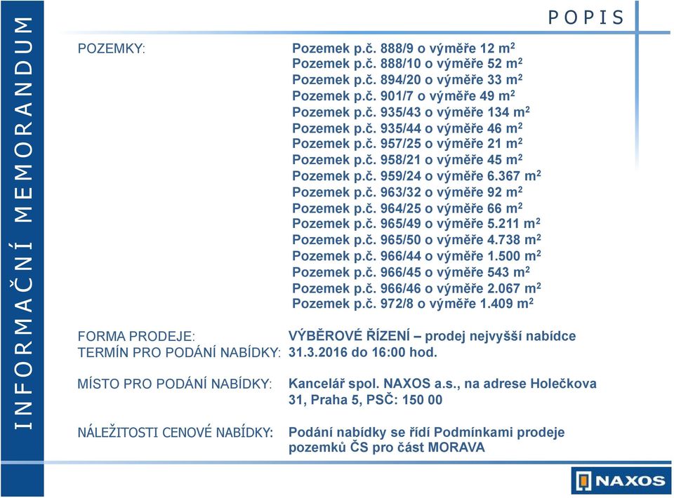 č. 959/24 o výměře 6.367 m 2 Pozemek p.č. 963/32 o výměře 92 m 2 Pozemek p.č. 964/25 o výměře 66 m 2 Pozemek p.č. 965/49 o výměře 5.211 m 2 Pozemek p.č. 965/50 o výměře 4.738 m 2 Pozemek p.č. 966/44 o výměře 1.