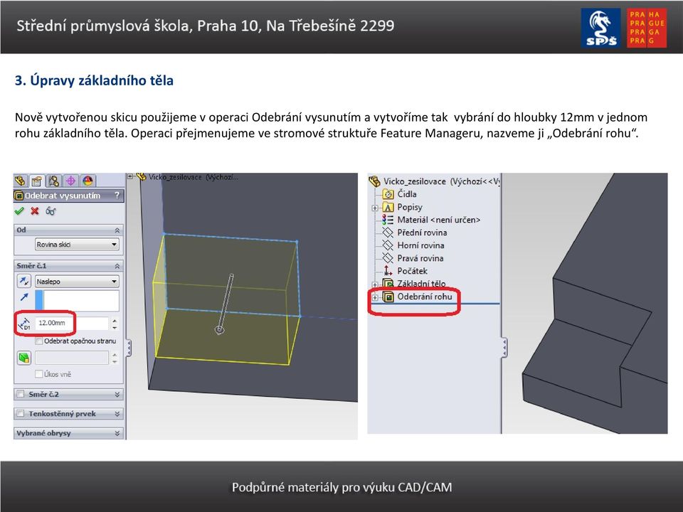 hloubky 12mm v jednom rohu základního těla.