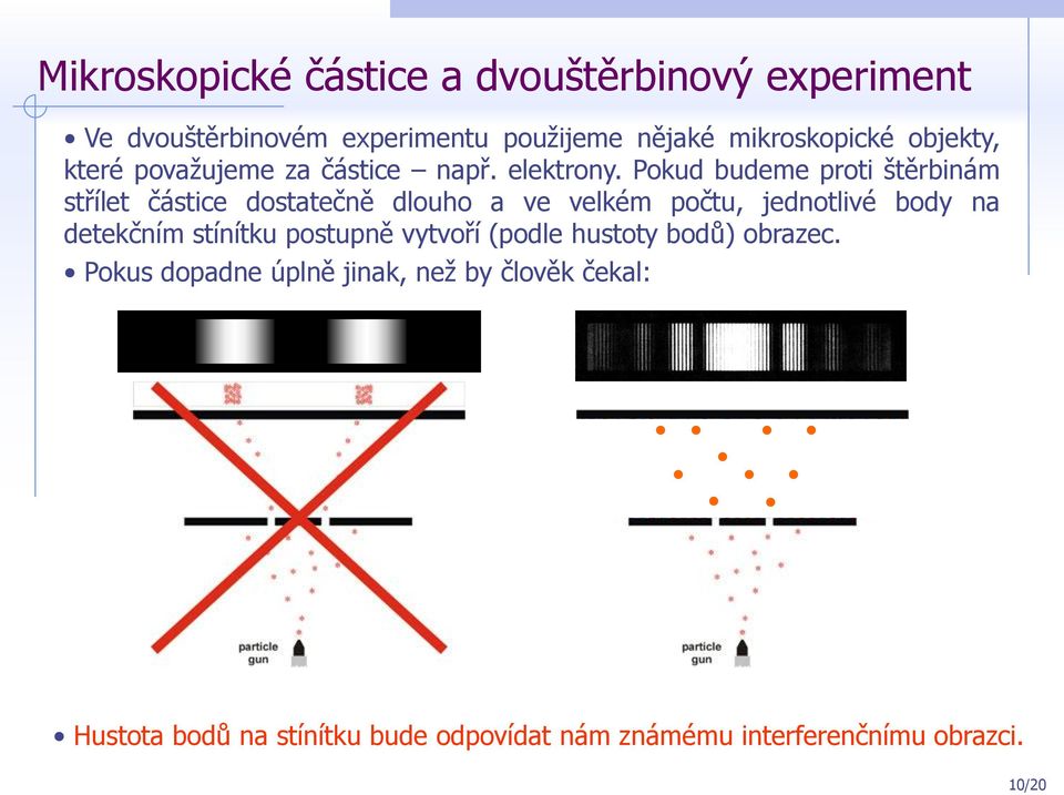 Pokud budeme proti štěrbinám střílet částice dostatečně dlouho a ve velkém počtu, jednotlivé body na detekčním