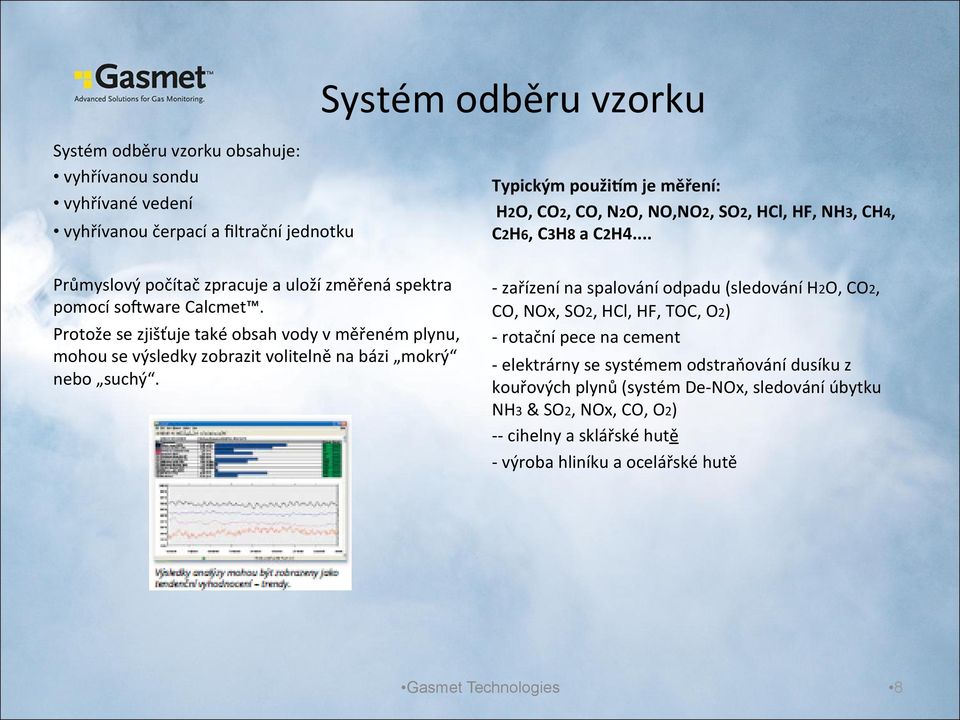 Protože se zjišťuje také obsah vody v měřeném plynu, mohou se výsledky zobrazit volitelně na bázi mokrý nebo suchý.