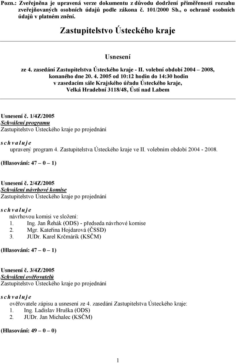 1/4Z/2005 Schválení programu Zastupitelstvo Ústeckého kraje po projednání schvaluje upravený program 4. Zastupitelstva Ústeckého kraje ve II. volebním období 2004-2008. (Hlasování: 47 0 1) Usnesení č.