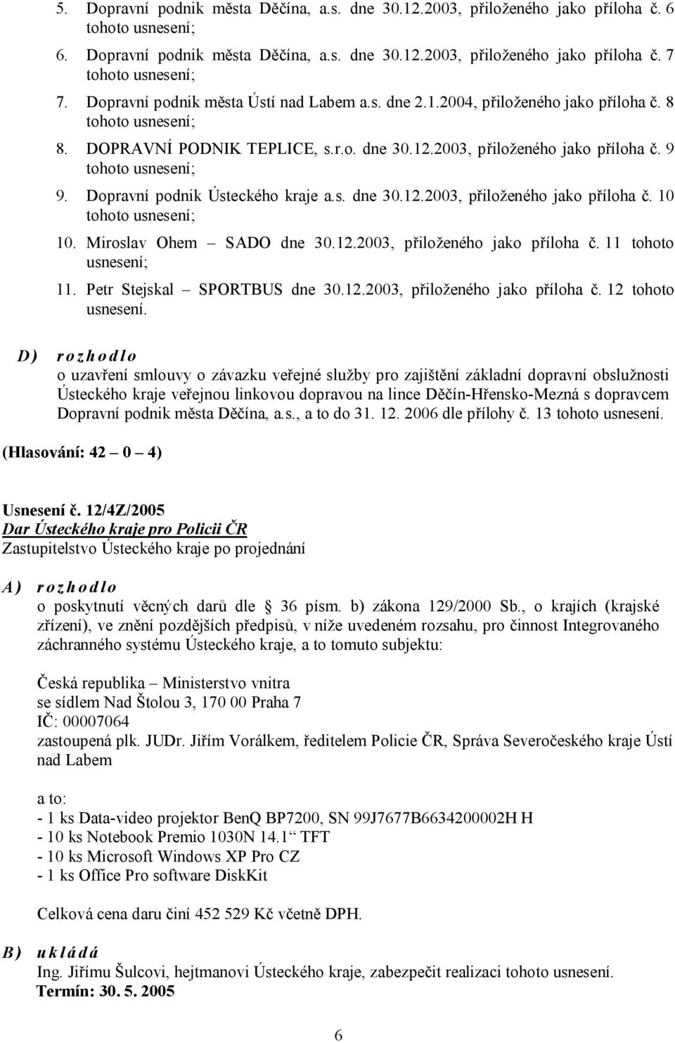 9 tohoto usnesení; 9. Dopravní podnik Ústeckého kraje a.s. dne 30.12.2003, přiloženého jako příloha č. 10 tohoto usnesení; 10. Miroslav Ohem SADO dne 30.12.2003, přiloženého jako příloha č. 11 tohoto usnesení; 11.