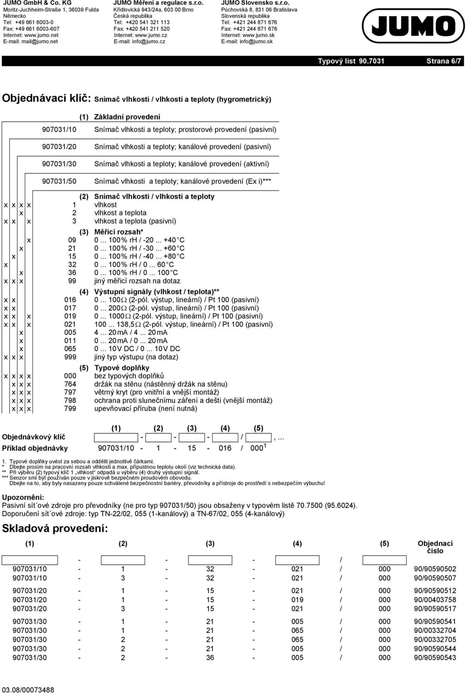 vlhkosti a teploty; kanálové provedení (pasivní) 907031/30 Snímač vlhkosti a teploty; kanálové provedení (aktivní) 907031/50 Snímač vlhkosti a teploty; kanálové provedení (Ex i)*** (2) Snímač