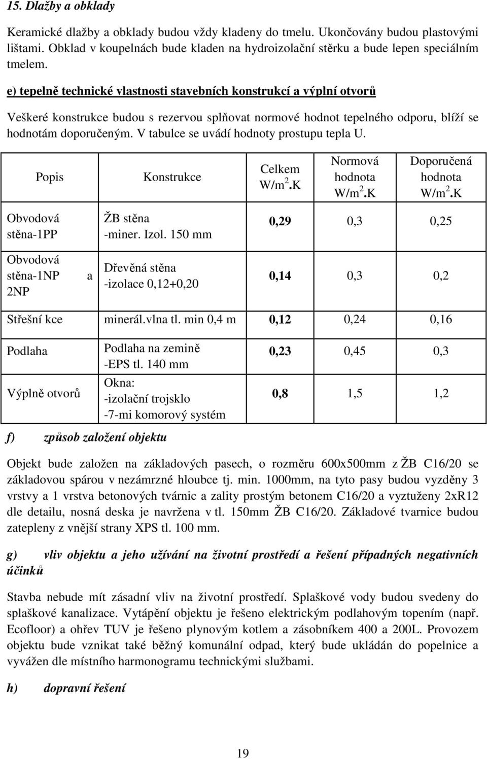 e) tepelně technické vlastnosti stavebních konstrukcí a výplní otvorů Veškeré konstrukce budou s rezervou splňovat normové hodnot tepelného odporu, blíží se hodnotám doporučeným.