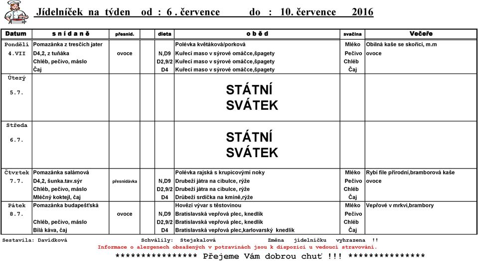 STÁTNÍ SVÁTEK Středa 6.7. STÁTNÍ SVÁTEK Čtvrtek Pomazánka salámová Polévka rajská s krupicovýmí noky Mléko Rybí file přírodní,bramborová kaše 7.7. D4,2, šunka.tav.