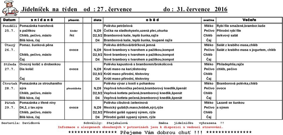 s pažitkou kinder N,D9 Čočka na sladkokyselo,uzená plec,okurka Pečivo Přírodní rybí file, pečivo, máslo řez D2,9/2 Bramborová kaše, teplá šunka,rajče mrkvový salát Bílá káva, čaj D4 Bramborová kaše,